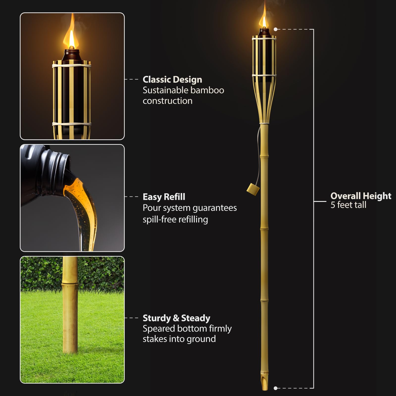 Matney Bamboo Torches for Outside Mosquito Repellent - 4 Feet Tall - (12 Pack) - Decorative Garden & Backyard Lights - Mosquito Torches Outdoor - Oil Lamp for Citronella - Flame Lasts Over 8 Hours - Image 5