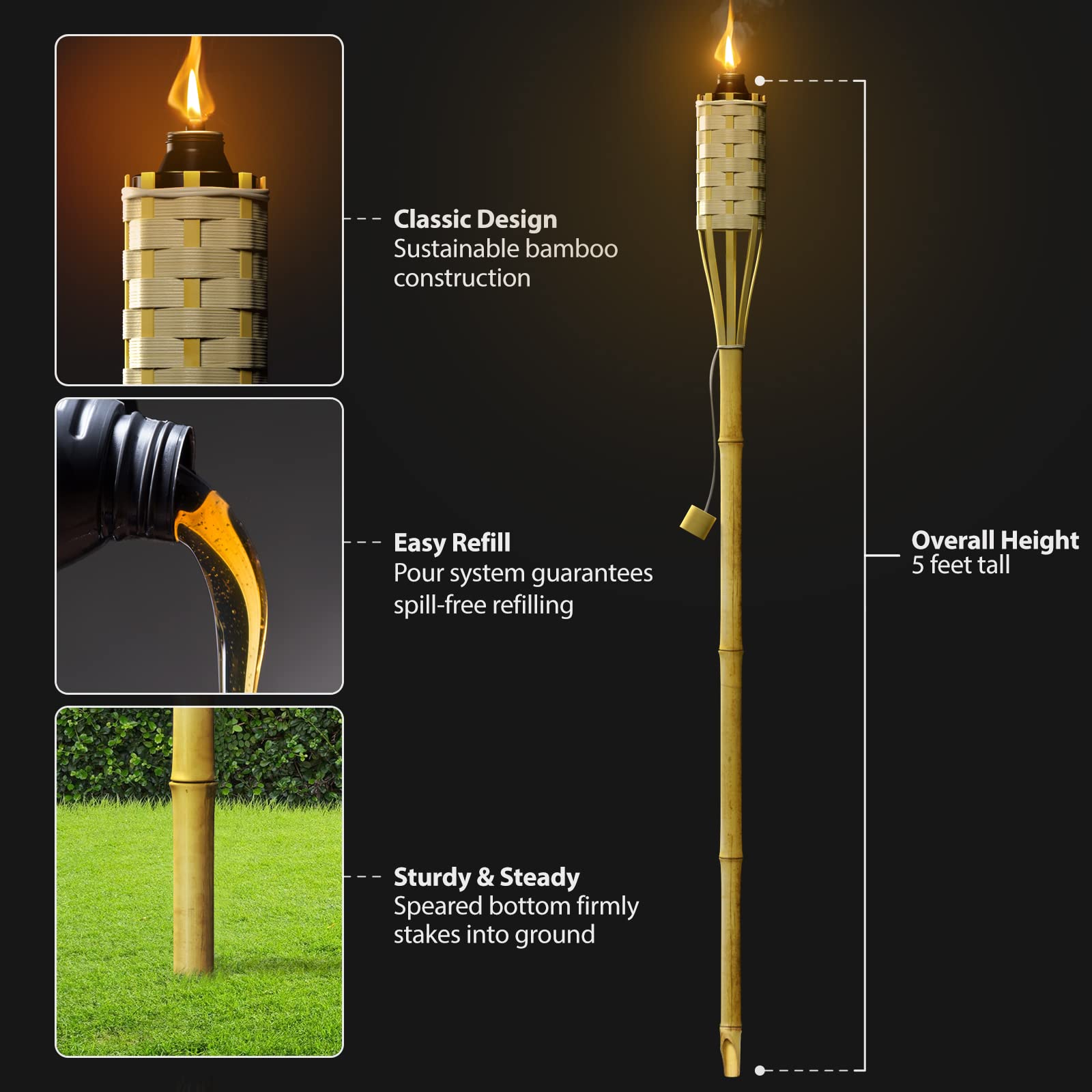 Matney Bamboo Torches for Outside Mosquitos Repellent - 5 Ft. Tall - (12 Pack) - Decorative Garden & Backyard Lights - Mosquito Torches Outdoor - Oil Lamp for Citronella - Flame Lasts Over 8 Hours - Image 7