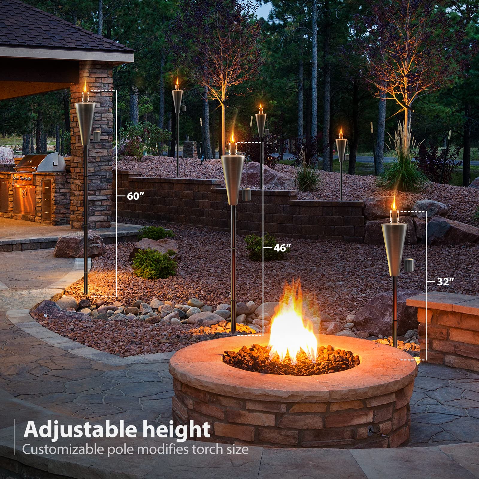 Matney Stainless Steel Outdoor Torches - Decorative Garden & Yard Lights - 5 ft Oil Lamp for Citronella - Fiberglass Wick & Snuffer Cap - Set of 4 (Cylinder) - Image 4