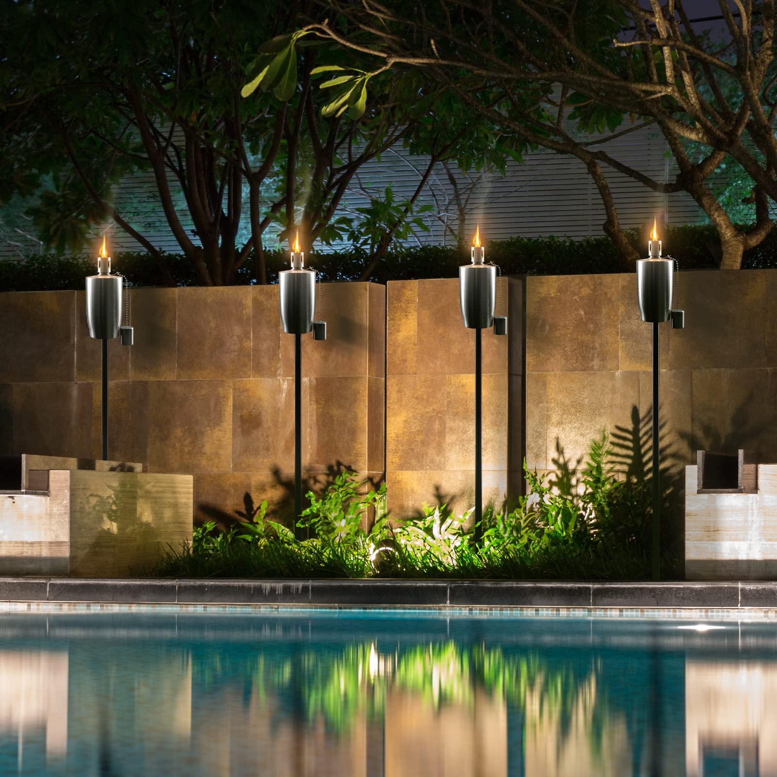 Matney Stainless Steel Outdoor Torches - Decorative Garden & Yard Lights - 5 ft Oil Lamp for Citronella - Fiberglass Wick & Snuffer Cap - Set of 4 (Cylinder) - Image 5