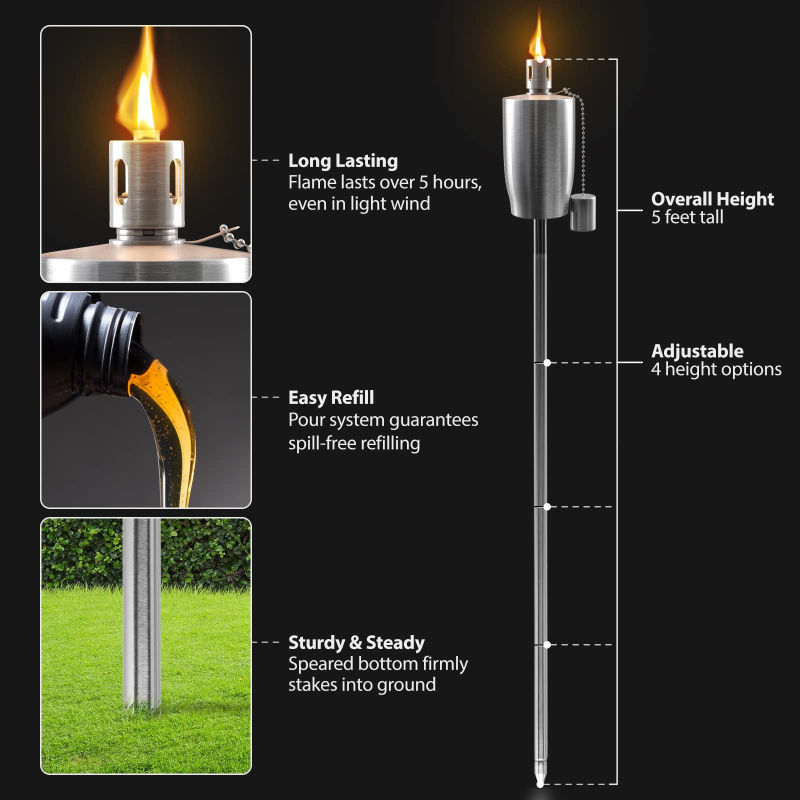 Matney Stainless Steel Outdoor Torches - Decorative Garden & Yard Lights - 5 ft Oil Lamp for Citronella - Fiberglass Wick & Snuffer Cap - Set of 4 (Cylinder) - Image 6