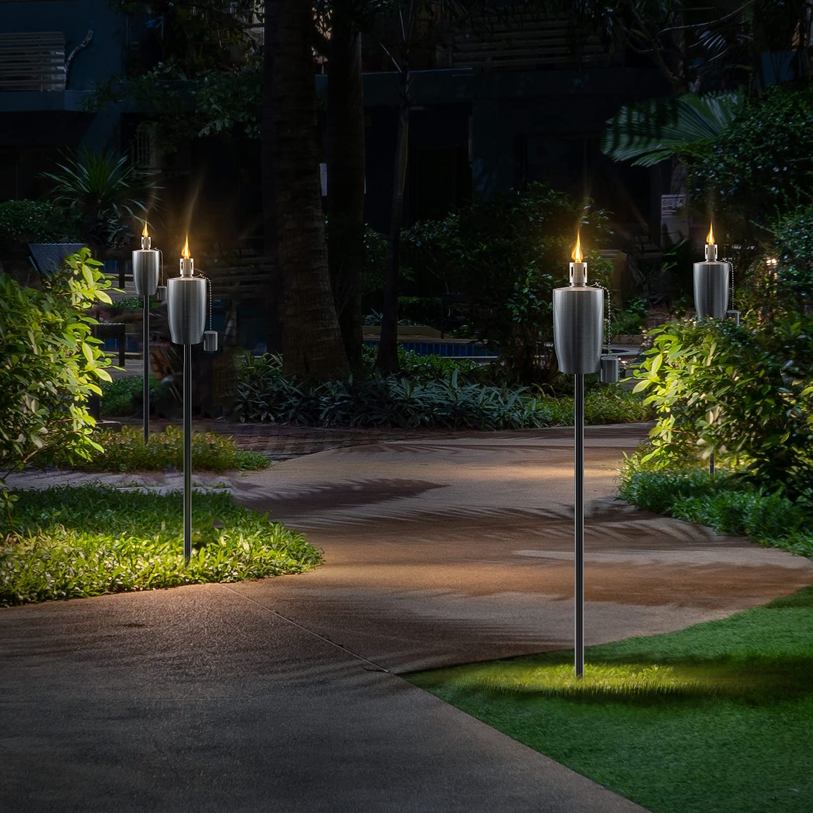 Matney Stainless Steel Outdoor Torches - Decorative Garden & Yard Lights - 5 ft Oil Lamp for Citronella - Fiberglass Wick & Snuffer Cap - Set of 4 (Cylinder) - Image 7