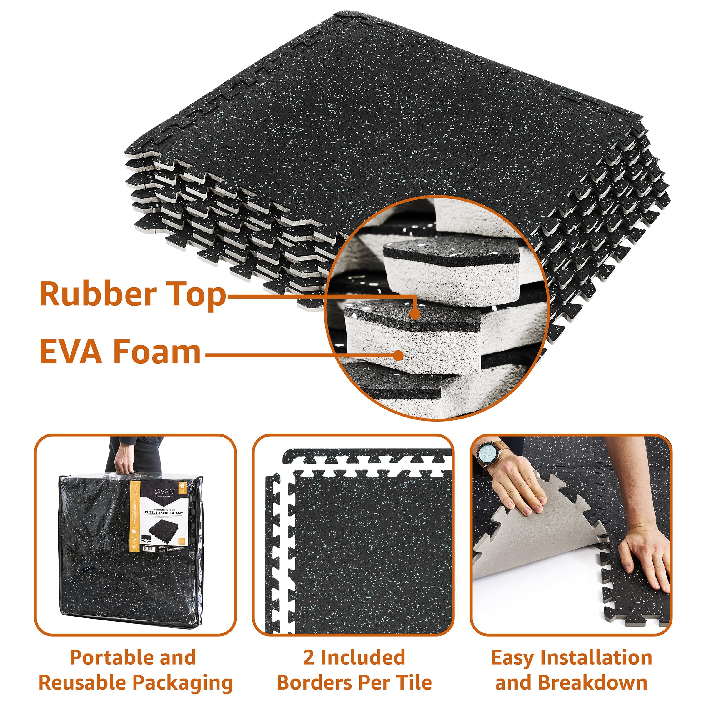 Sivan Fitness 1/2" Thick Rubber Top High-Density EVA Foam Gym Flooring for Home Gym - 48 Sq Ft Exercise Mat Tiles for Workout, Yoga, MMA, Heavy Exercise Equipment Mat - 12 Interlocking Gym Floor Mat - Image 5