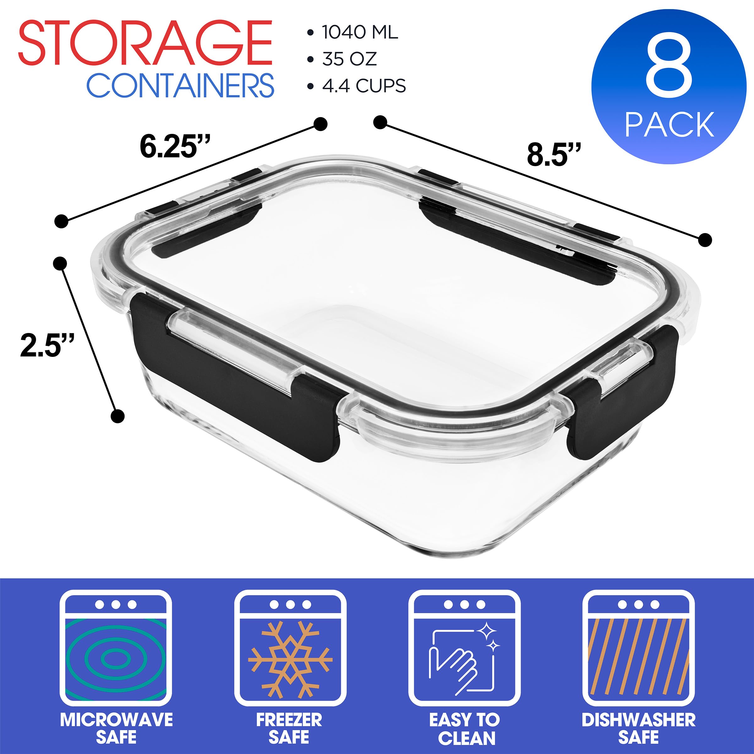 Sorbus 16pc (8 Rectangular 35oz Food Storage Containers and 8 Airtight Lids) – 4.4 Cup Glass Meal Prep Containers, Dishwasher, Freezer, and Oven Safe – Reusable Glass Food Containers for Meal Prep - Image 2