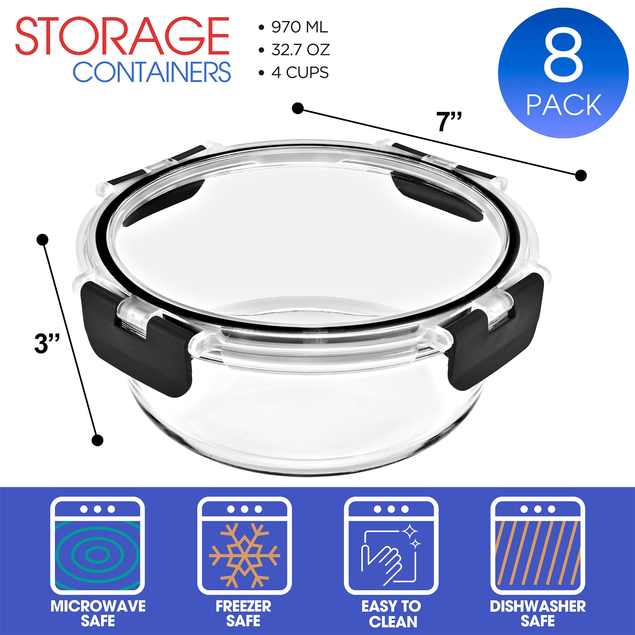 Sorbus 16pc Glass Meal Prep Containers Set – 8 Round 32oz Containers with Airtight Lids – Freezer, Dishwasher, Oven Safe – Reusable Food Storage Bowls, 4 Cup Capacity for Meal Prep and Storage - Image 2