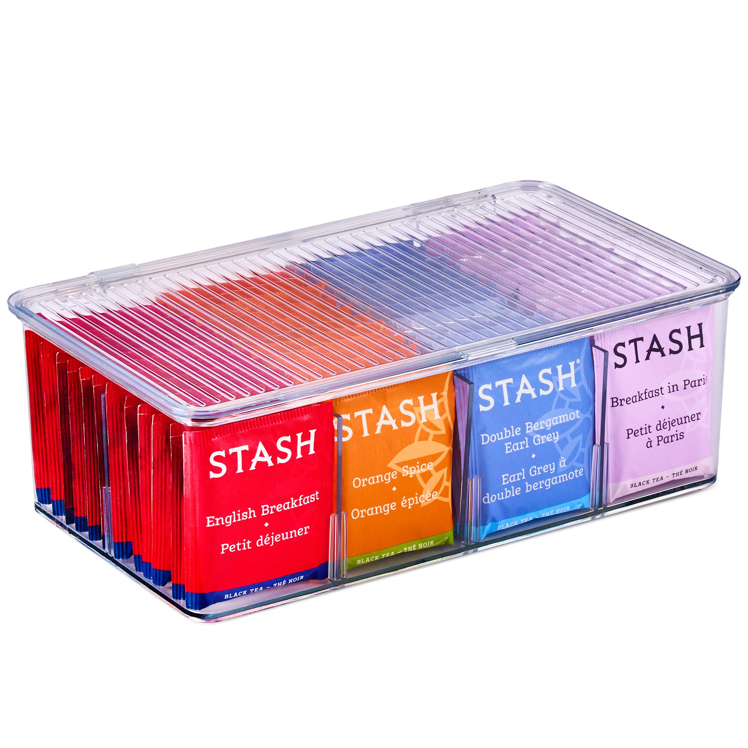Sorbus 2 Pack Tea Bag Organizer Bins w/Lids & 4 Removable Dividers, Clear Plastic Food Packet Snack Organizer, Stackable Pantry Organization, Kitchen Storage, Fridge Bins, Sturdy Cabinet Organizers - Image 3