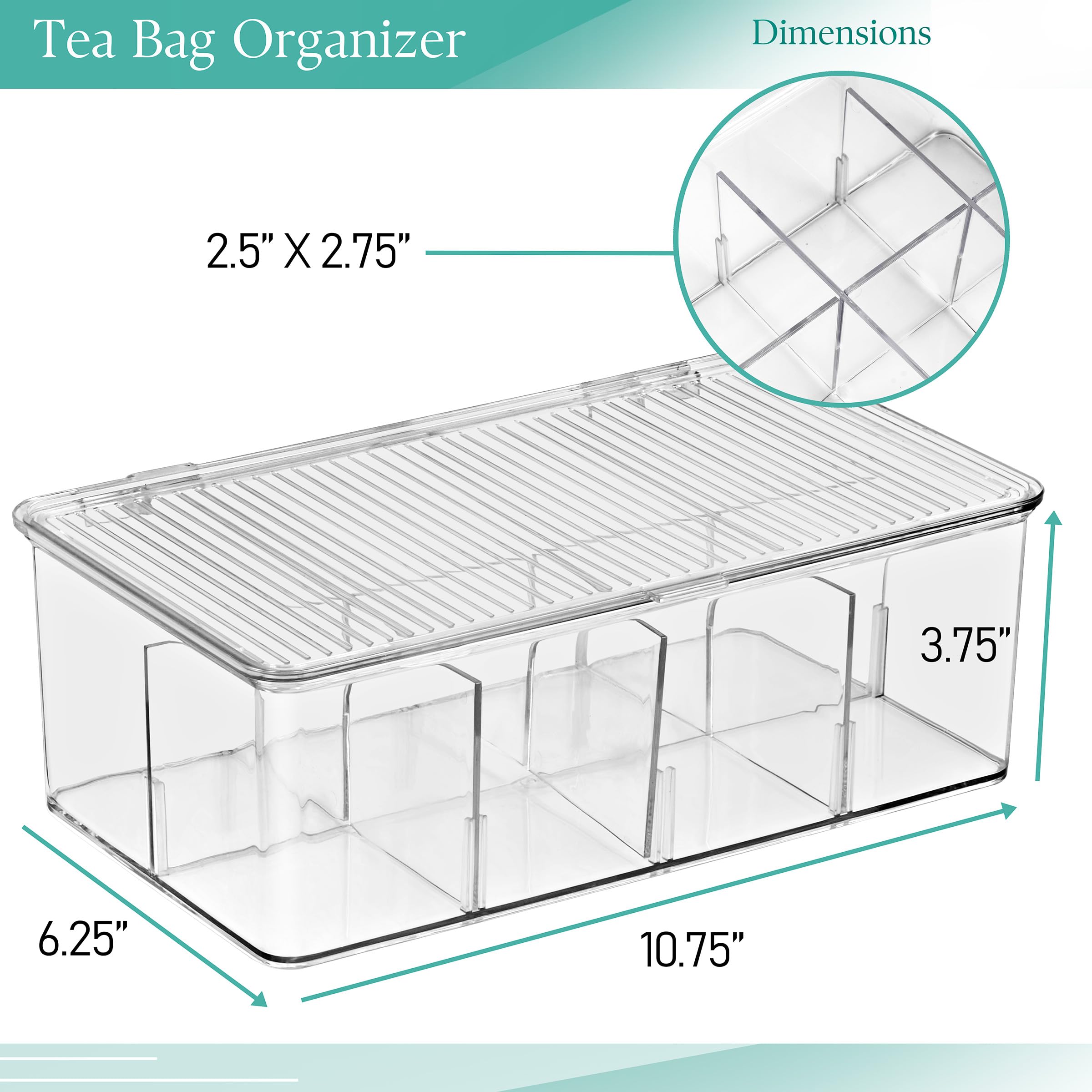 Sorbus 2 Pack Tea Bag Organizer Bins w/Lids & 4 Removable Dividers, Clear Plastic Food Packet Snack Organizer, Stackable Pantry Organization, Kitchen Storage, Fridge Bins, Sturdy Cabinet Organizers - Image 5