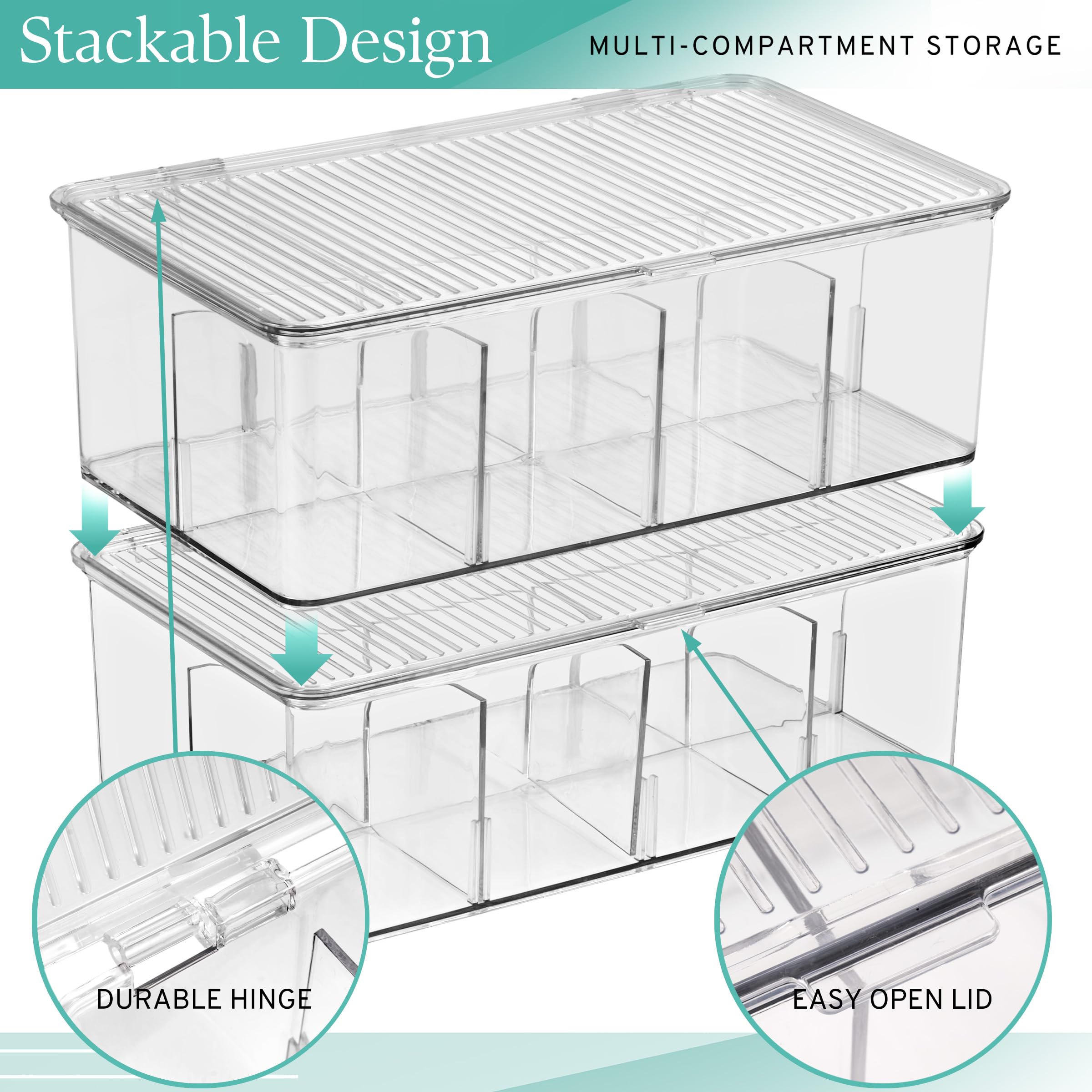 Sorbus 2 Pack Tea Bag Organizer Bins w/Lids & 4 Removable Dividers, Clear Plastic Food Packet Snack Organizer, Stackable Pantry Organization, Kitchen Storage, Fridge Bins, Sturdy Cabinet Organizers - Image 6