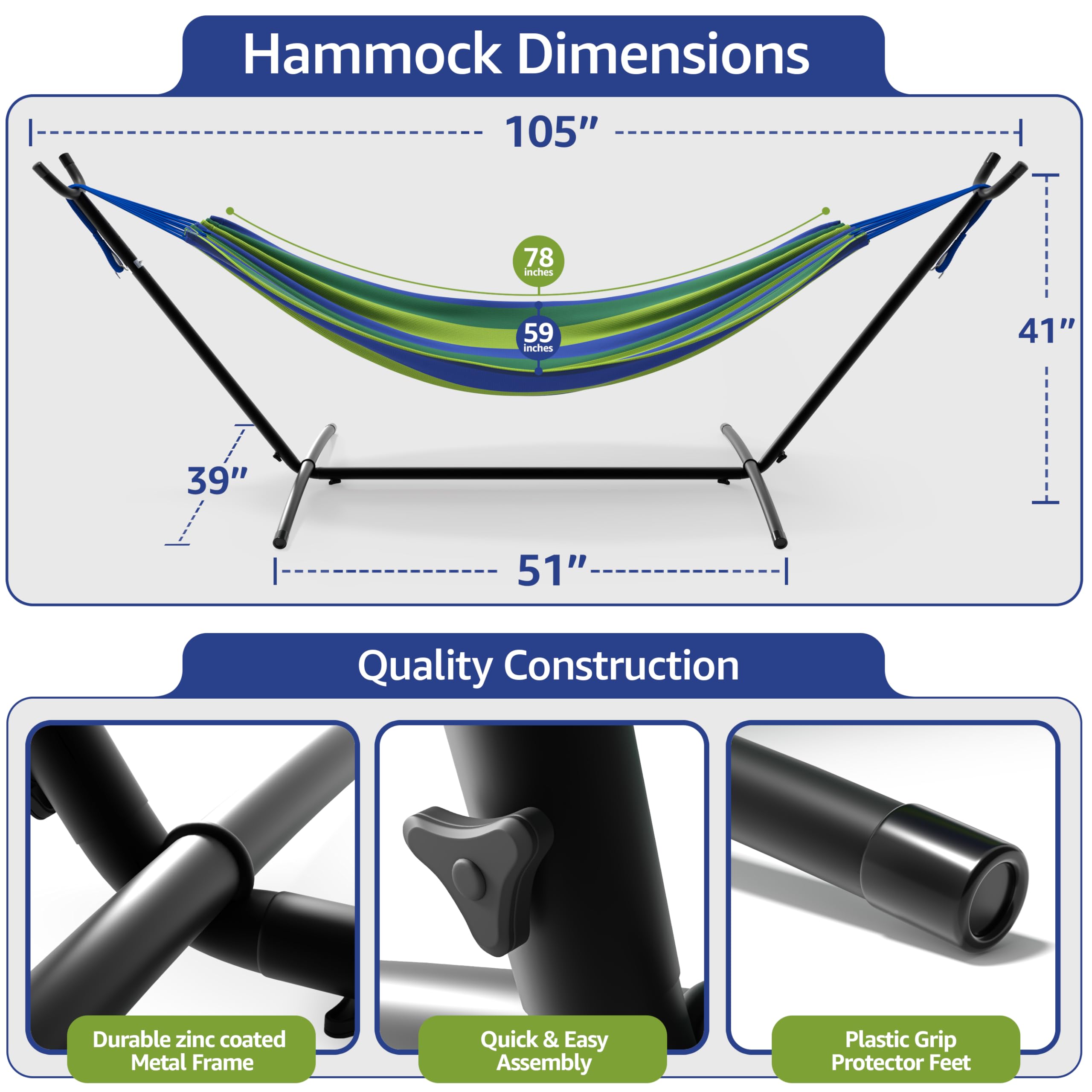 Sorbus 2-Person Hammock with Stand – 60" Cotton Blend Bed, Heavy Duty 450lbs Capacity, Portable with Carrying Case – for Garden, Patio, Outdoor, Camping, Gifts – Washable - Image 3