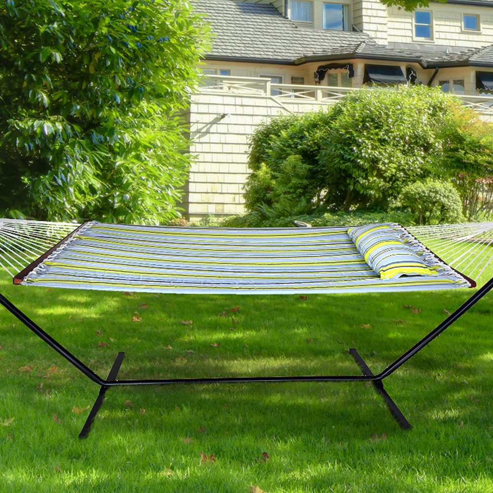 Sorbus 2-Person Stylish Hammock with Stand- 53" Large Cotton Outdoor Hammock- Spreadedbars & Pillow Included- Heavy Duty 450lbs Portable Hammock for Garden Patio Outdoor Camping- Comfortable, Washable - Image 2