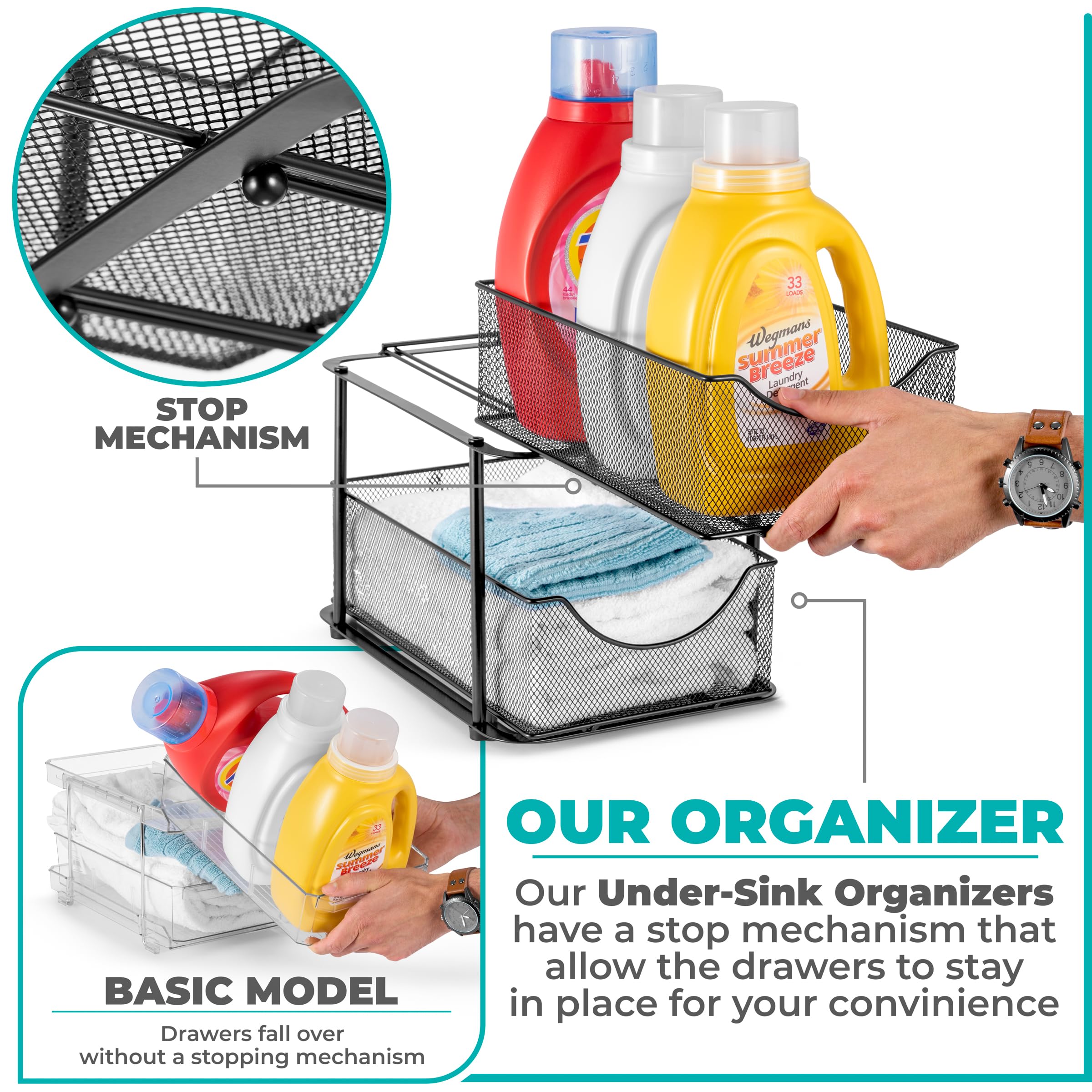 Sorbus 2 Tier Metal Under Sink Organizer for Bathroom, Kitchen, Strong Steel Mesh Sliding Drawers for Under Sink, Under Cabinet, Closet, Kitchen, Pantry, Bathroom Organizers and Storage (Black) - Image 4