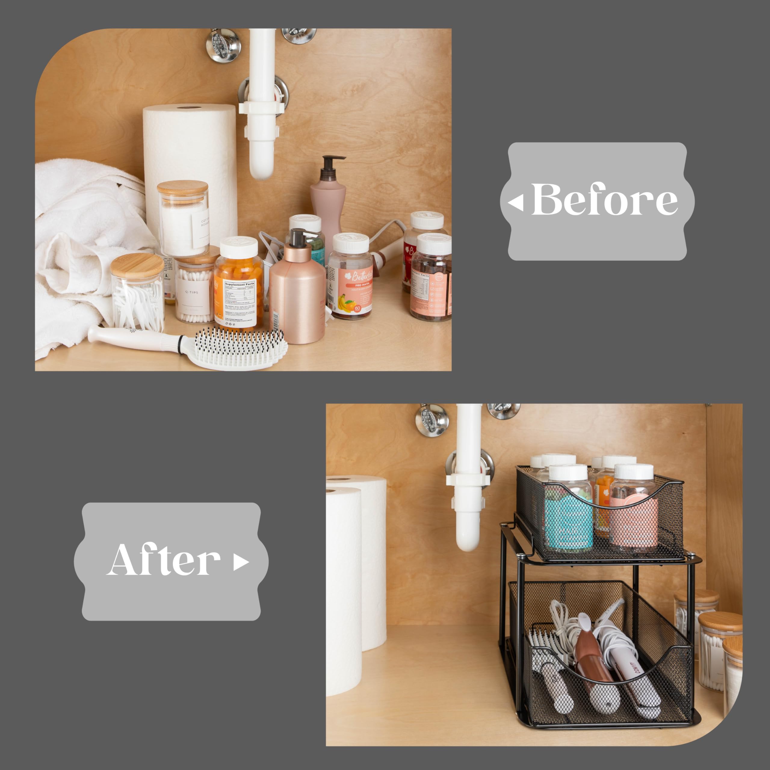 Sorbus 2 Tier Metal Under Sink Organizer for Bathroom, Kitchen, Strong Steel Mesh Sliding Drawers for Under Sink, Under Cabinet, Closet, Kitchen, Pantry, Bathroom Organizers and Storage (Black) - Image 7