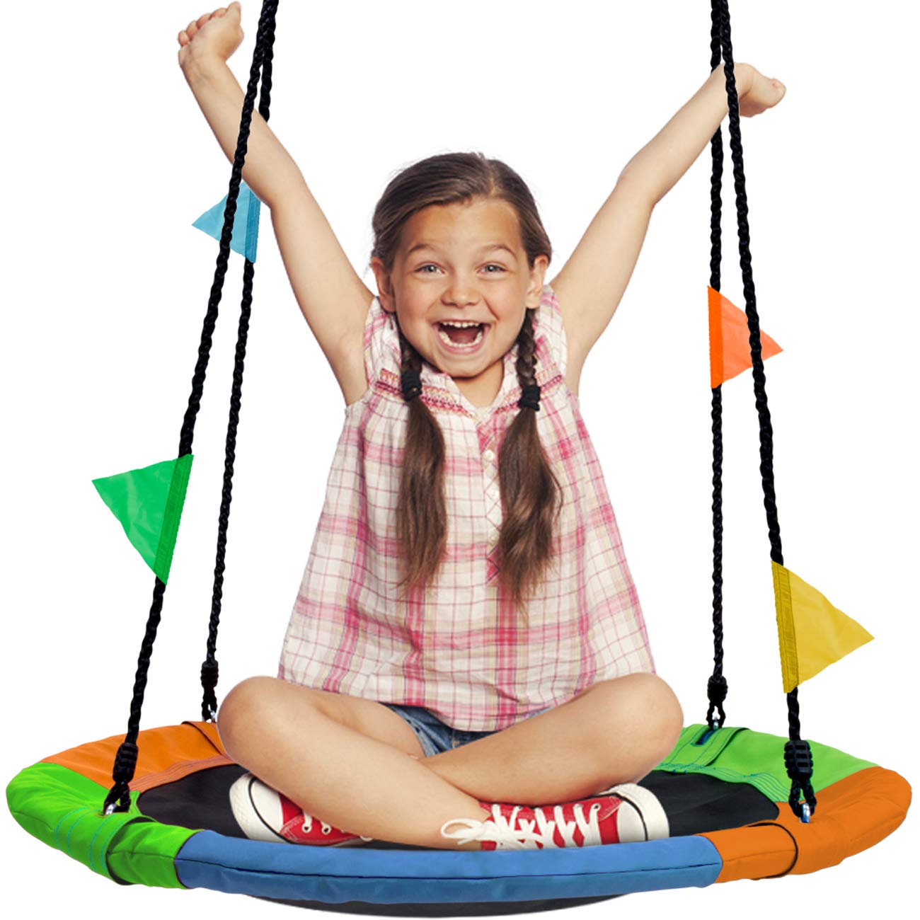 Sorbus 24" Saucer Tree Swing for Kids- 220lbs Outdoor Swing Fun- Tree Glider Therapy Swing-Durable Multi-Strand Adjustable Ropes Seat- Trampoline Net for Indoor/Outdoor, Accessory Included