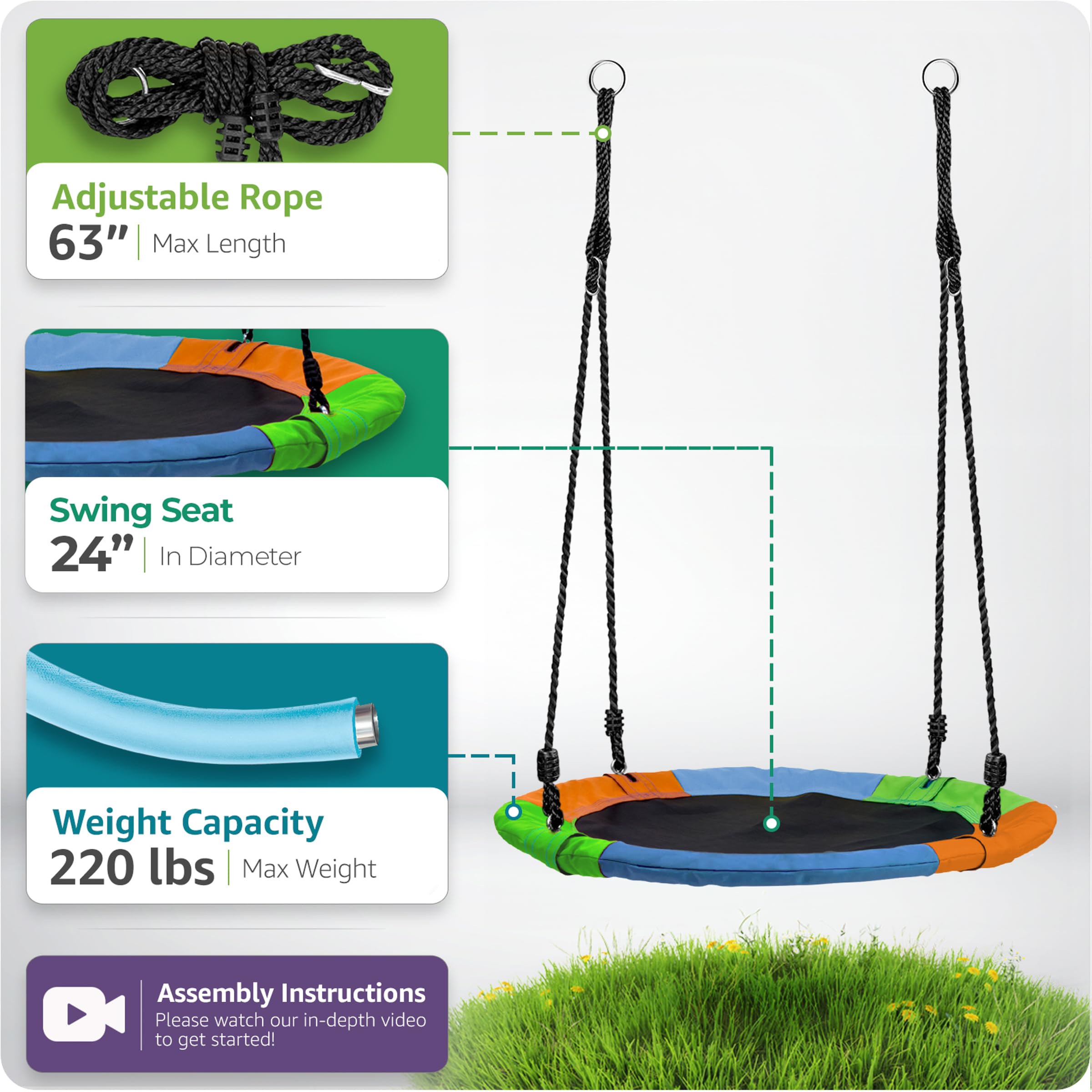 Sorbus 24" Saucer Tree Swing for Kids- 220lbs Outdoor Swing Fun- Tree Glider Therapy Swing-Durable Multi-Strand Adjustable Ropes Seat- Trampoline Net for Indoor/Outdoor, Accessory Included - Image 3