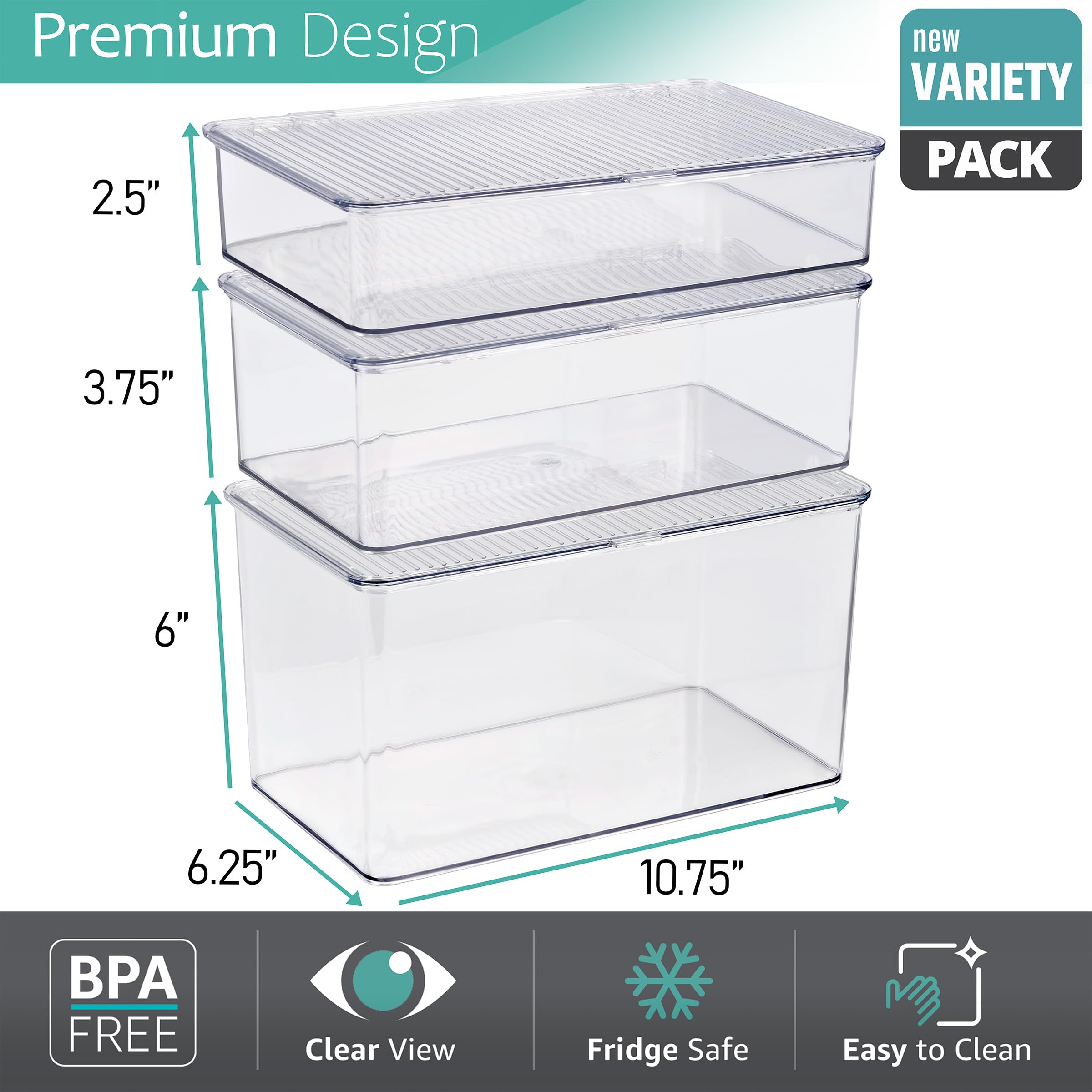 Sorbus 3 Pack Clear Plastic Storage Bins with Lids - Stackable Refrigerator Organizer - Pantry Organizer - Fridge Organization - Cabinet Organizers Containers Storage box for Kitchen (Sizes: L,M,S) - Image 4