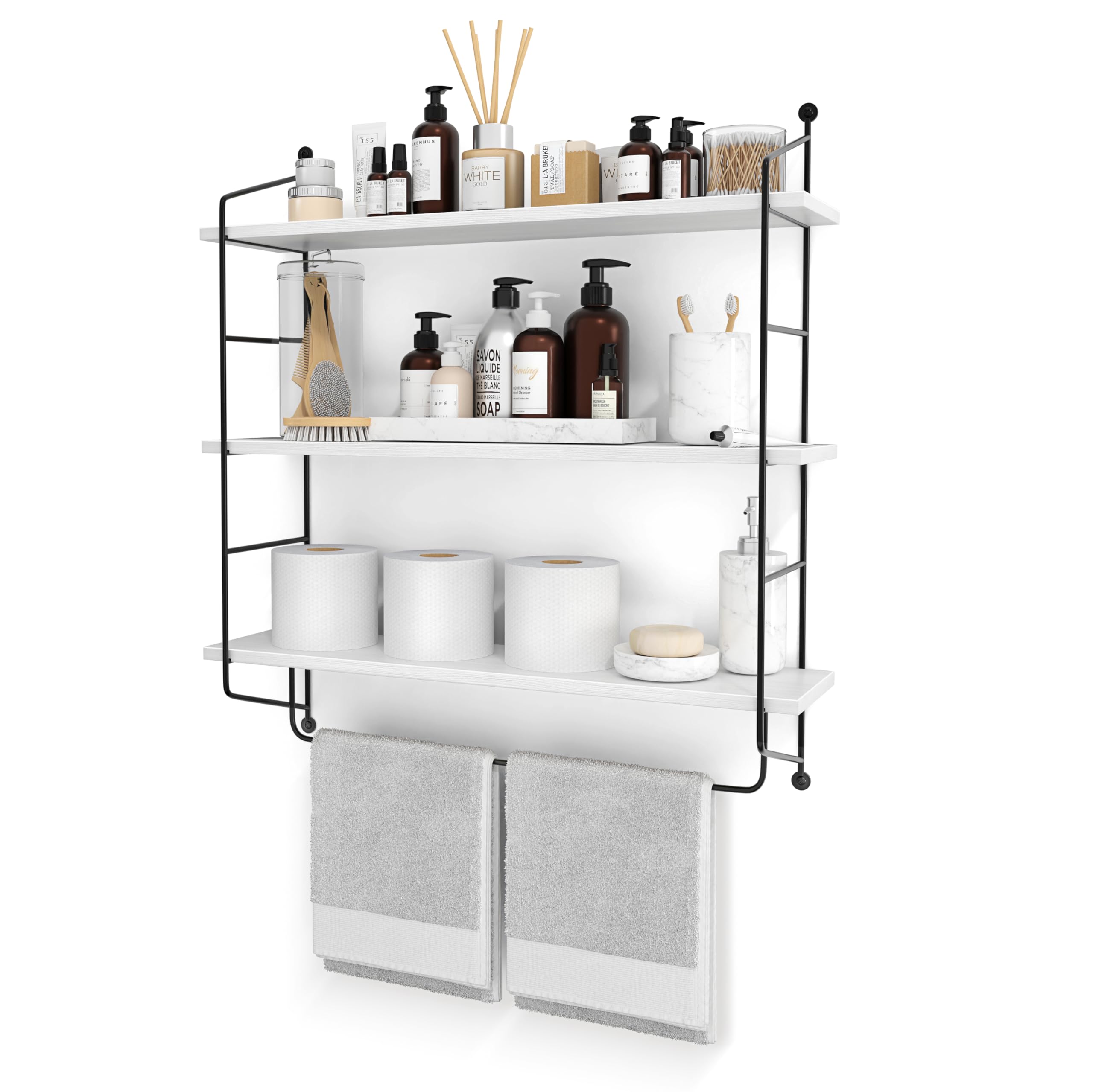Sorbus 3-Tier Floating Bathroom Shelves for Wall - Wood Wall Storage for Towels, Over The Toilet Storage Cabinet, Gaming Floating Shelves, Bathroom Accessories, and Home Decor (White)