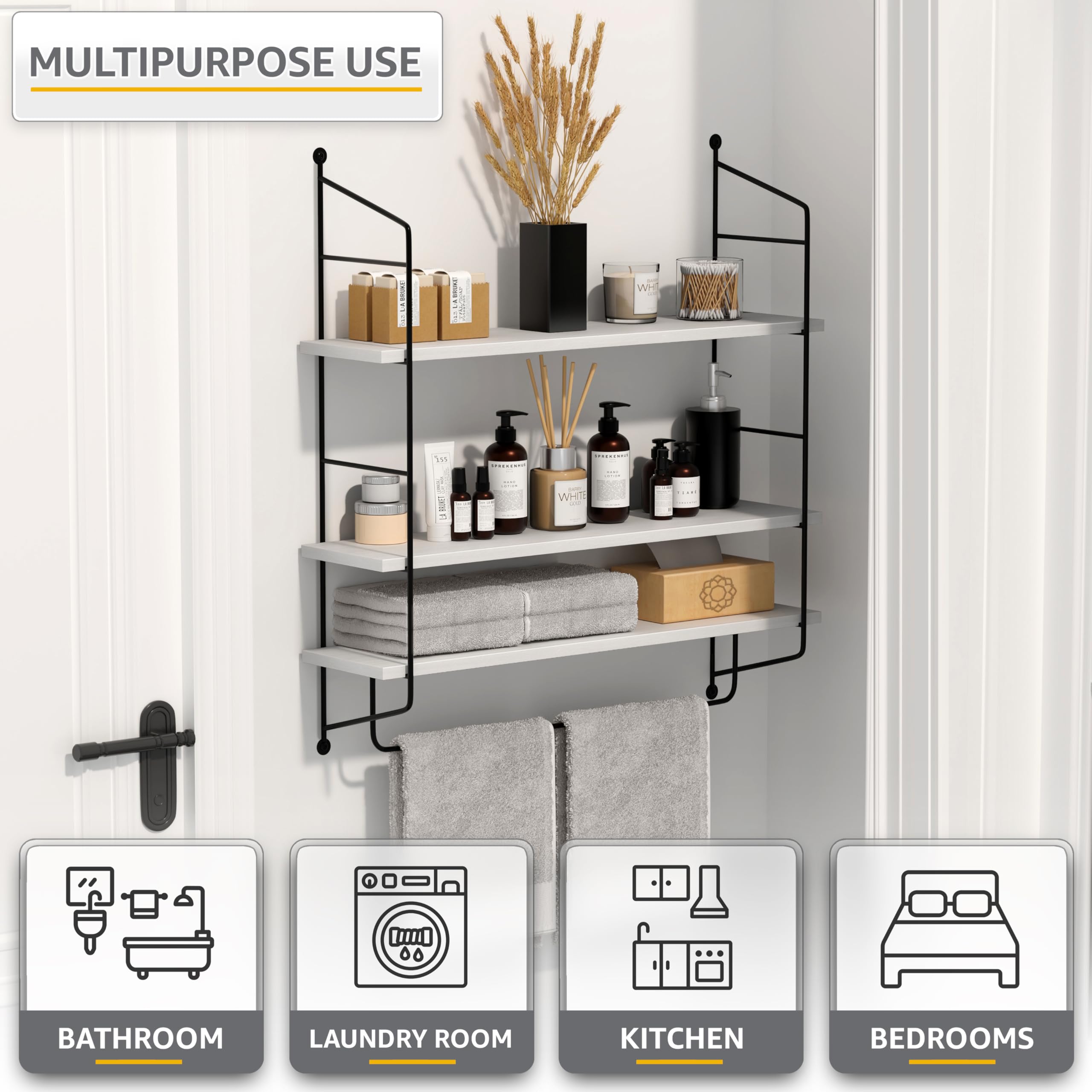 Sorbus 3-Tier Floating Bathroom Shelves for Wall - Wood Wall Storage for Towels, Over The Toilet Storage Cabinet, Gaming Floating Shelves, Bathroom Accessories, and Home Decor (White) - Image 4