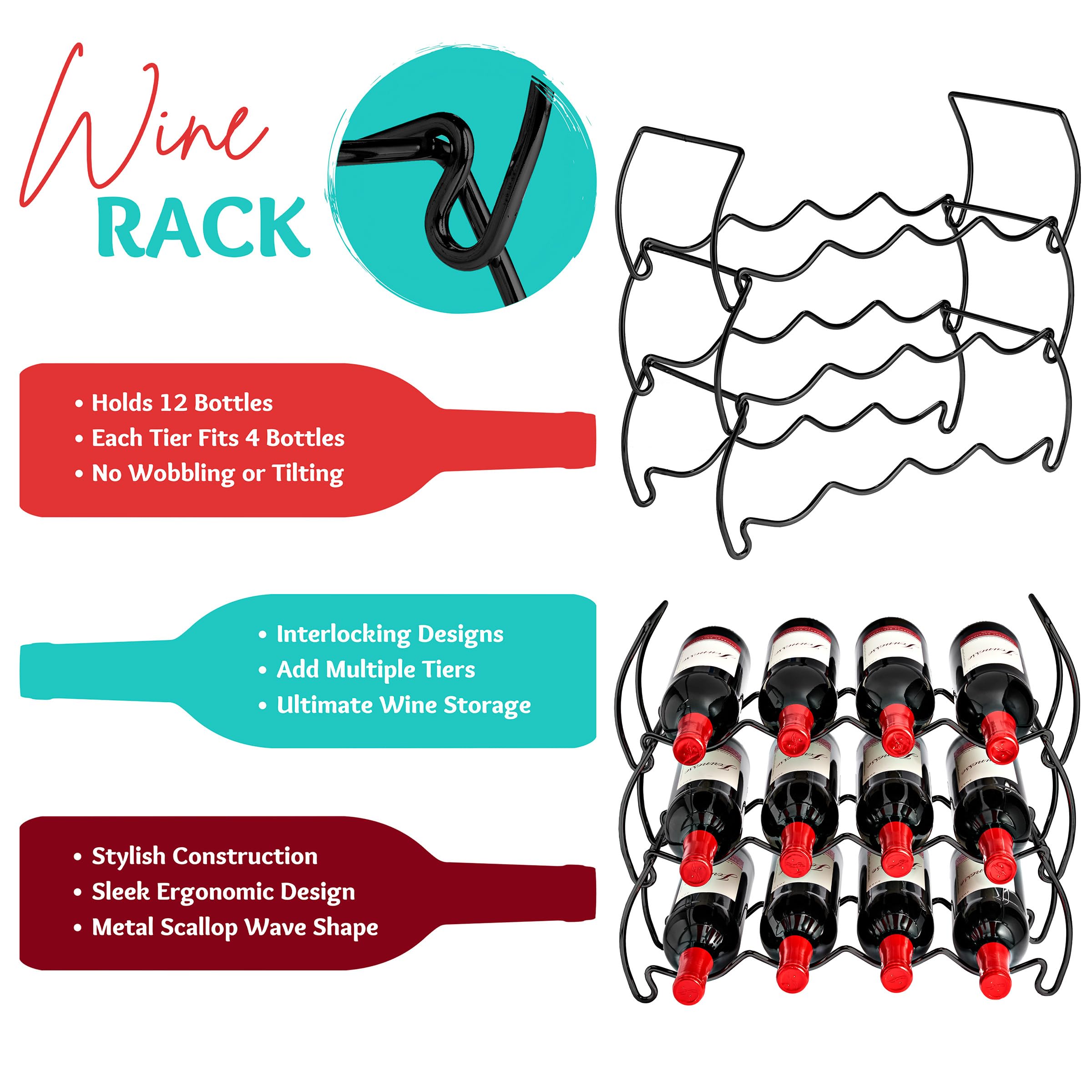 Sorbus 3-Tier Stackable Wine Rack - Classic Style Wine Racks for Bottles - Perfect for Bar, Wine Cellar, Basement, Cabinet, Pantry, etc - Hold 12 Bottles, Metal (Black) - Image 5