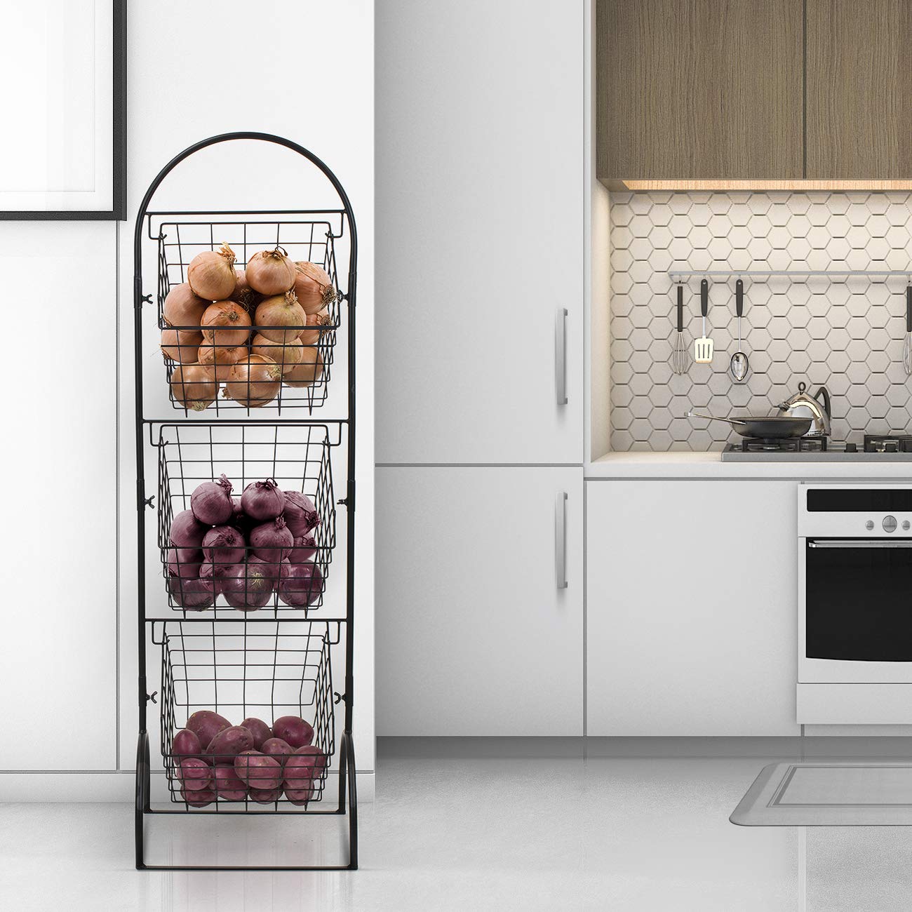 Sorbus 3-Tier Wire Market Basket Storage for Fruit, Vegetables, Toiletries, Household Items, Stylish Tiered Serving Stand for Kitchen, Bathroom Organization - Image 4