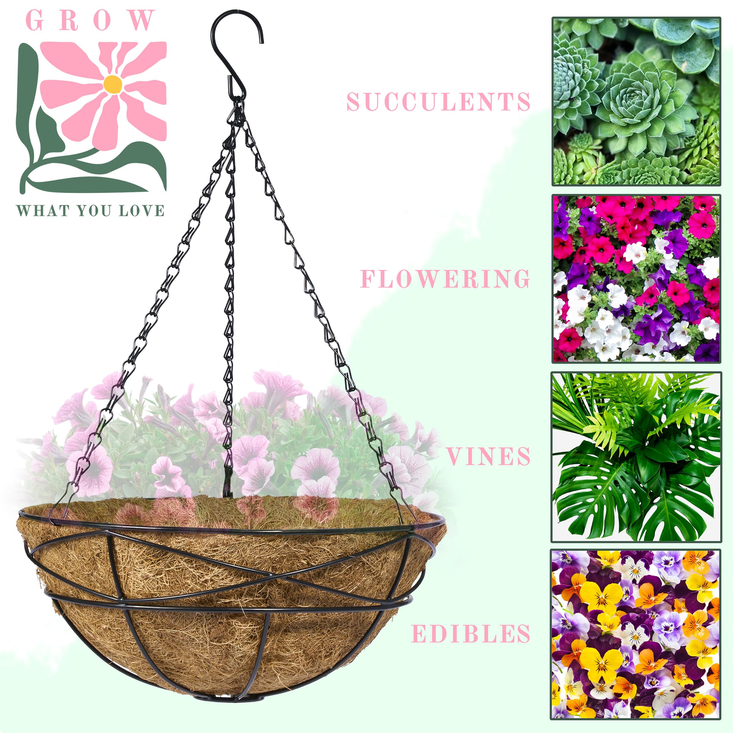 Sorbus 4 Pack Metal Hanging Planter Basket Huge 12 Inch Hanging Flower Pot Basket & Coco Coir Liner for Indoor/Outdoor Garden Décor, Perfect for Home, Garden, Patio, Deck (Black) - Image 5