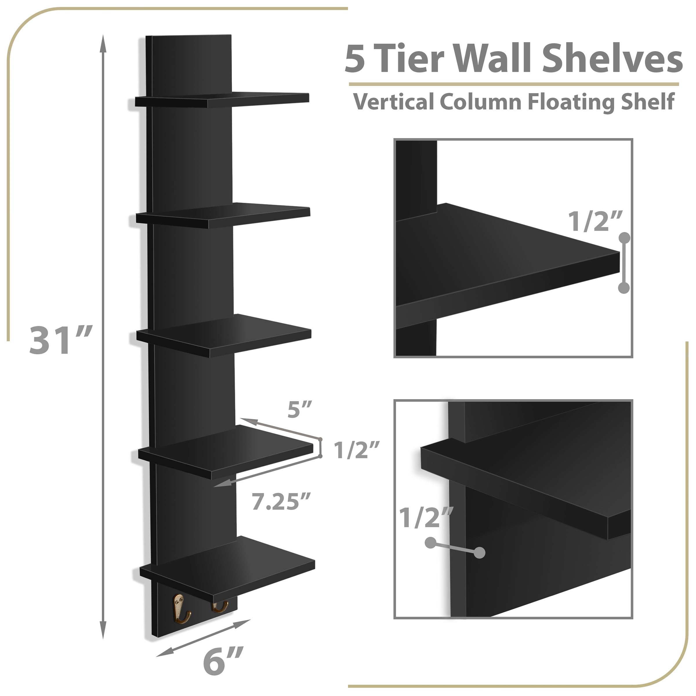 Sorbus 5 Tier Wall Shelf Unit with Hooks, Vertical Column Utility Shelving for Home Decor and Storage Organizer, Wall-Mounted Floating Shelves for Bathroom Storage, Bedroom, Living Room - Image 3