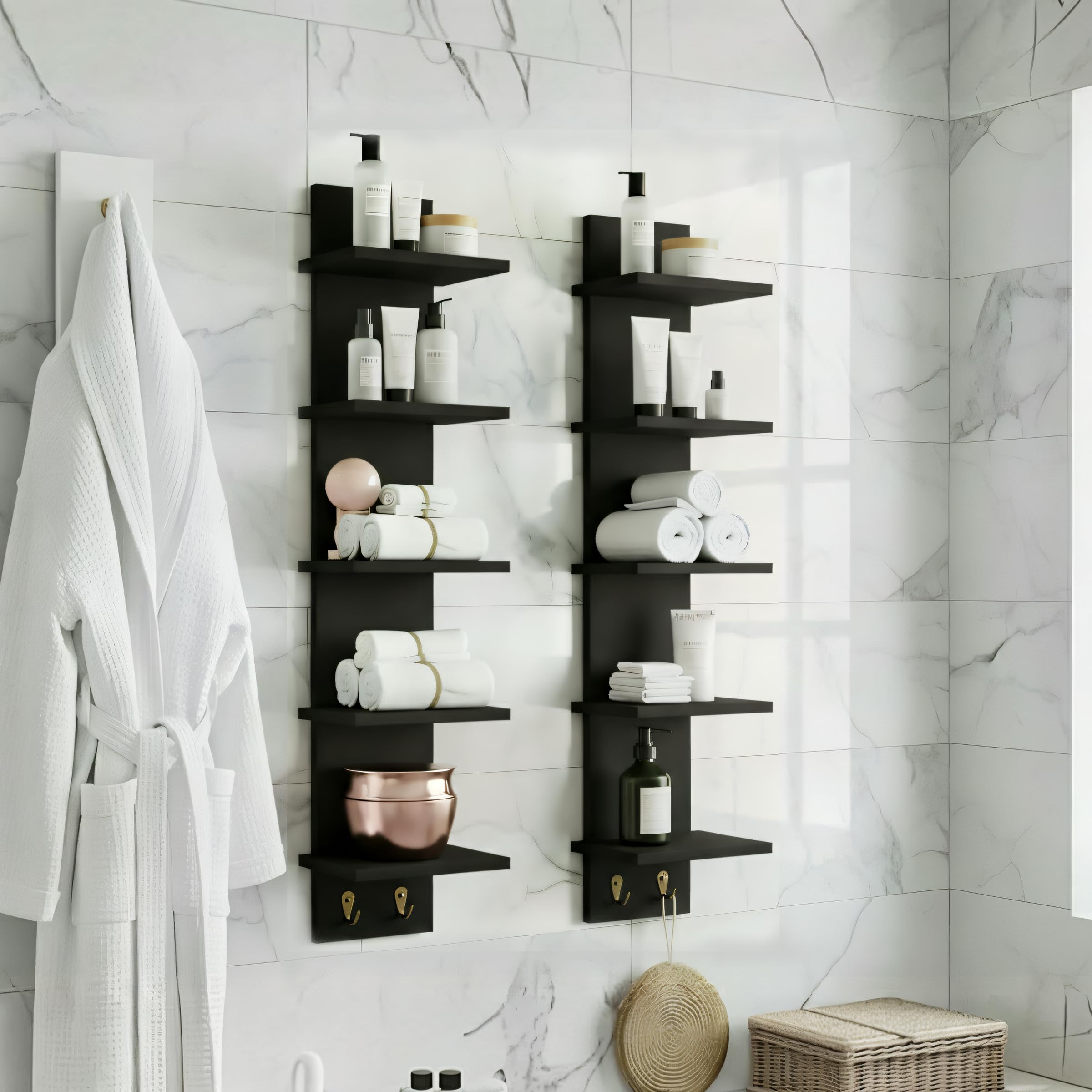 Sorbus 5 Tier Wall Shelf Unit with Hooks, Vertical Column Utility Shelving for Home Decor and Storage Organizer, Wall-Mounted Floating Shelves for Bathroom Storage, Bedroom, Living Room - Image 5