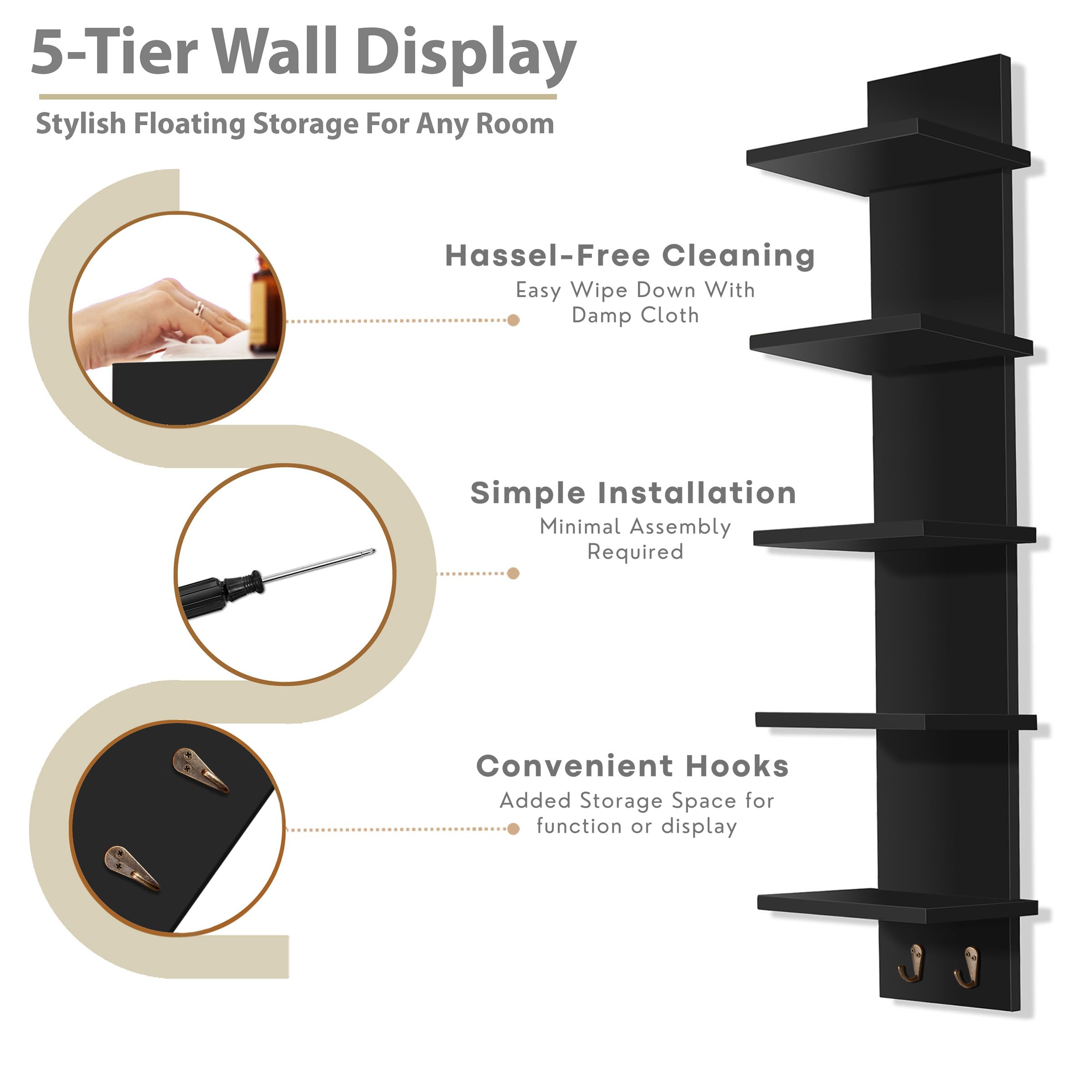Sorbus 5 Tier Wall Shelf Unit with Hooks, Vertical Column Utility Shelving for Home Decor and Storage Organizer, Wall-Mounted Floating Shelves for Bathroom Storage, Bedroom, Living Room - Image 6