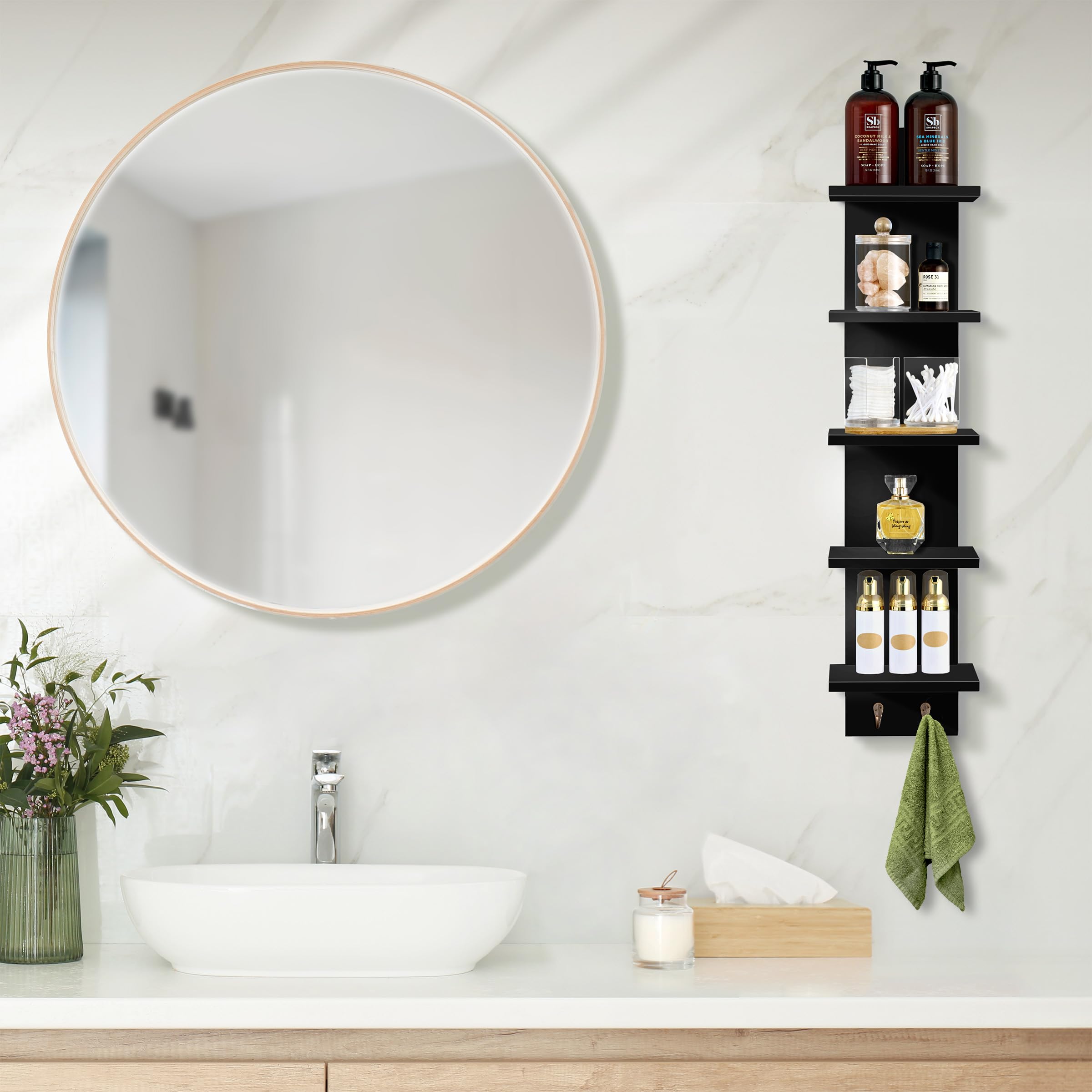 Sorbus 5 Tier Wall Shelf Unit with Hooks, Vertical Column Utility Shelving for Home Decor and Storage Organizer, Wall-Mounted Floating Shelves for Bathroom Storage, Bedroom, Living Room - Image 7