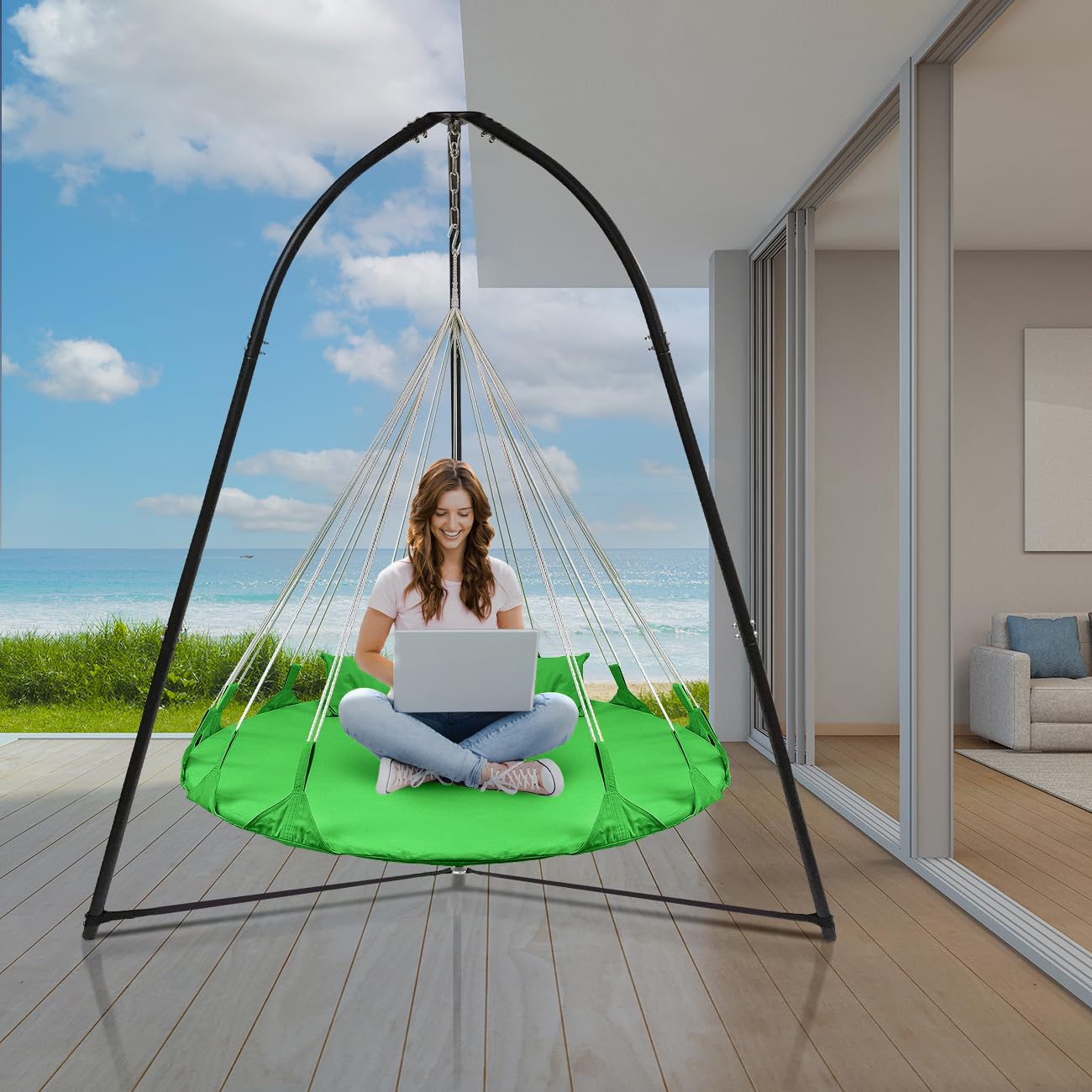 Sorbus 56" Stylish Hanging Swing Nest - Premium Cotton Double Hammock Daybed Saucer Swings Lounger - 264lbs Spinner Swing w/Pillow - Easy Setup Sturdy Tree Swing - for Indoor/Outdoor, Travel - Green - Image 2
