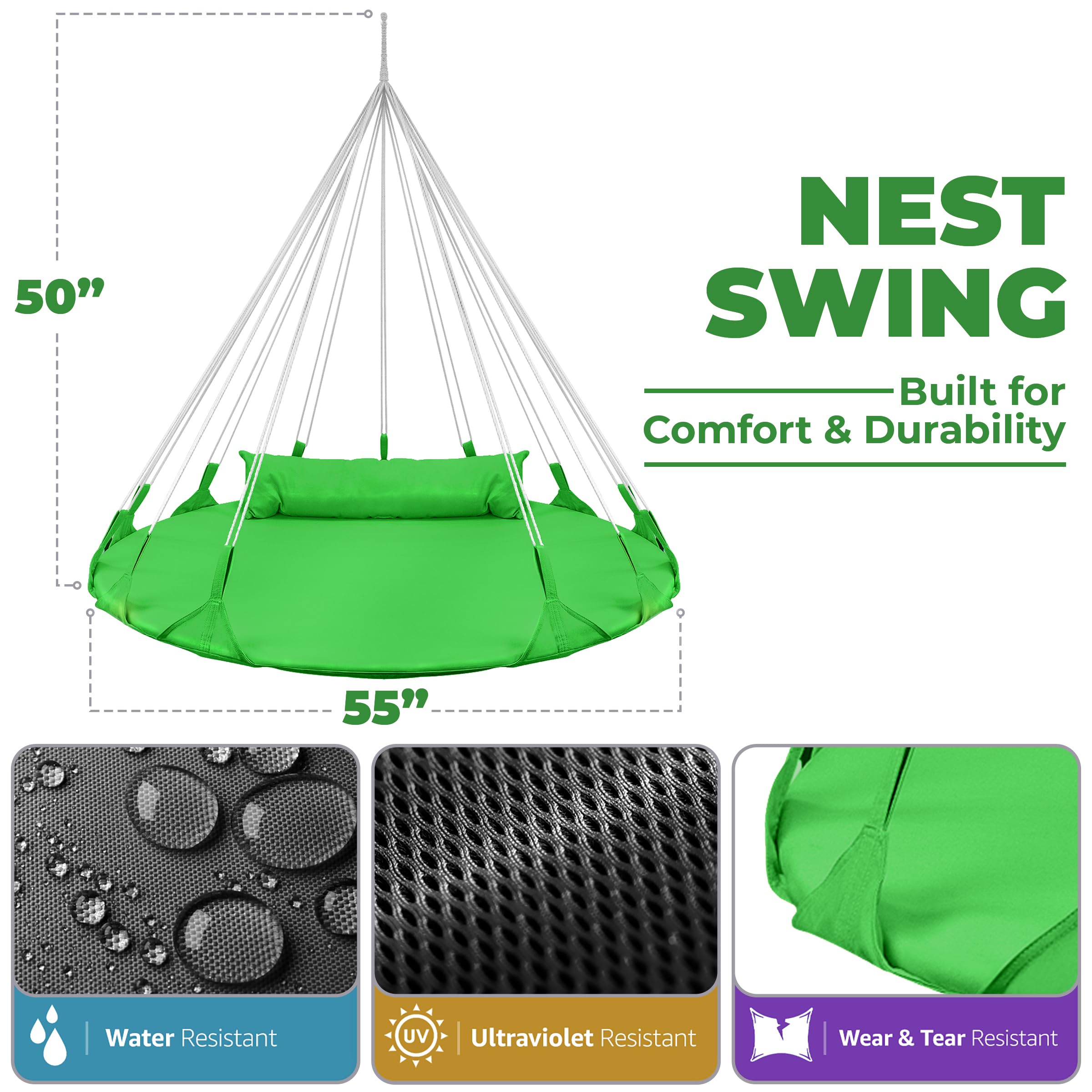 Sorbus 56" Stylish Hanging Swing Nest - Premium Cotton Double Hammock Daybed Saucer Swings Lounger - 264lbs Spinner Swing w/Pillow - Easy Setup Sturdy Tree Swing - for Indoor/Outdoor, Travel - Green - Image 3