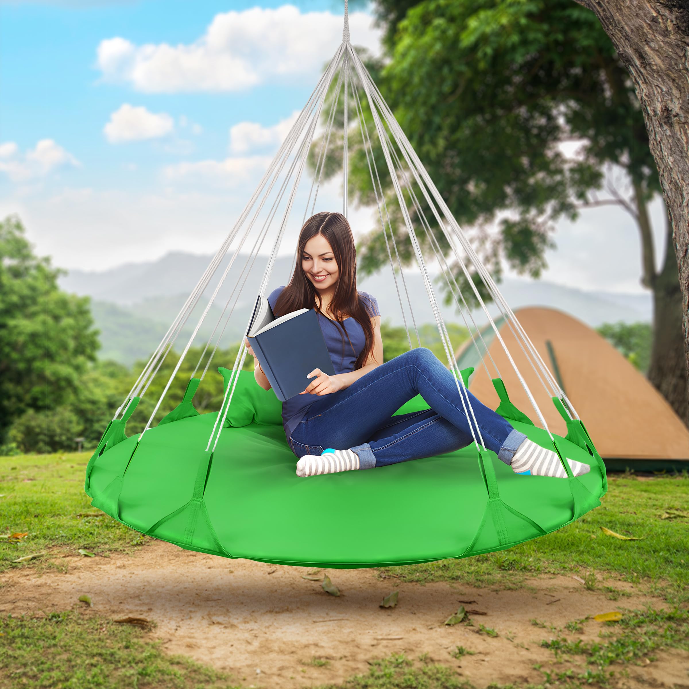 Sorbus 56" Stylish Hanging Swing Nest - Premium Cotton Double Hammock Daybed Saucer Swings Lounger - 264lbs Spinner Swing w/Pillow - Easy Setup Sturdy Tree Swing - for Indoor/Outdoor, Travel - Green - Image 4