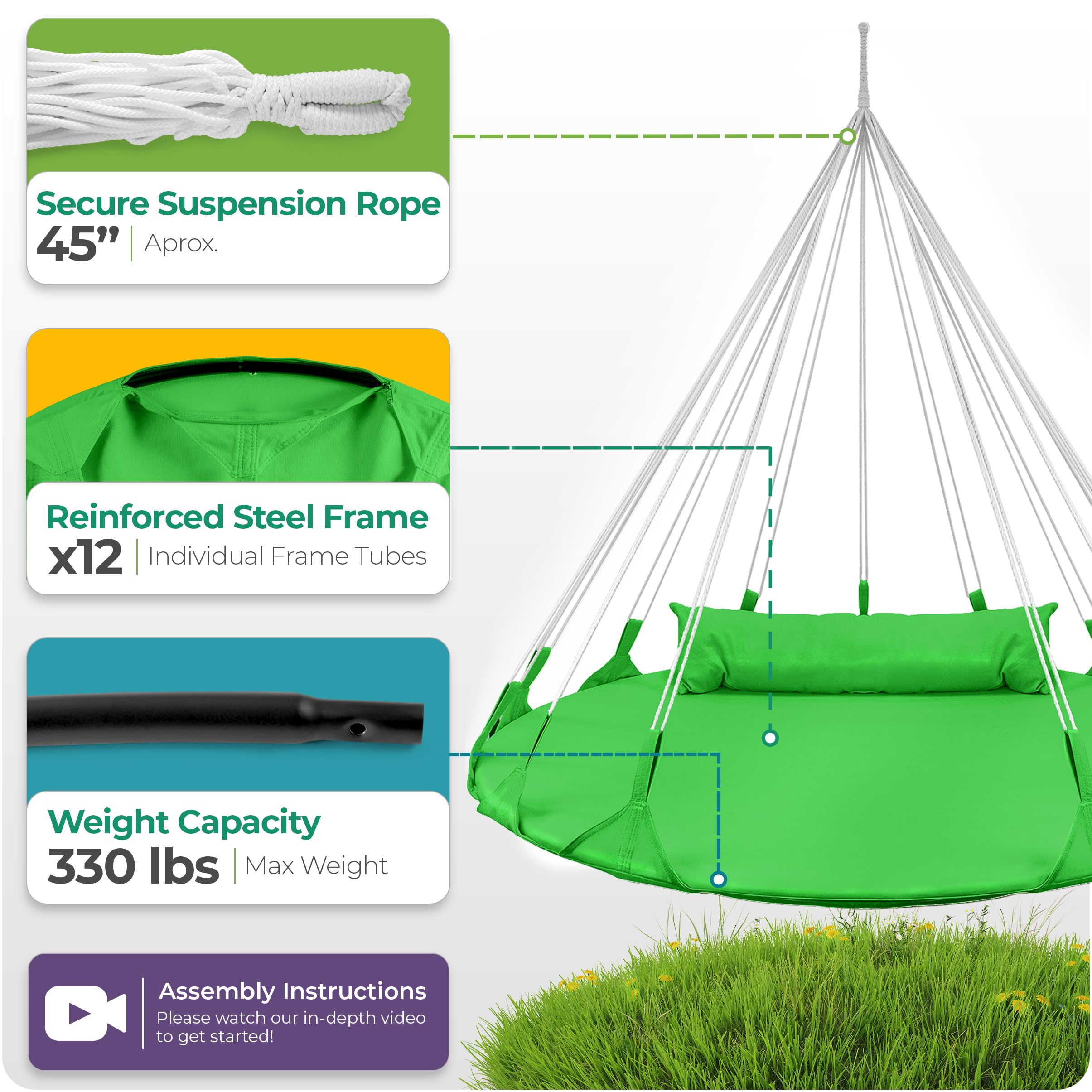 Sorbus 56" Stylish Hanging Swing Nest - Premium Cotton Double Hammock Daybed Saucer Swings Lounger - 264lbs Spinner Swing w/Pillow - Easy Setup Sturdy Tree Swing - for Indoor/Outdoor, Travel - Green - Image 5
