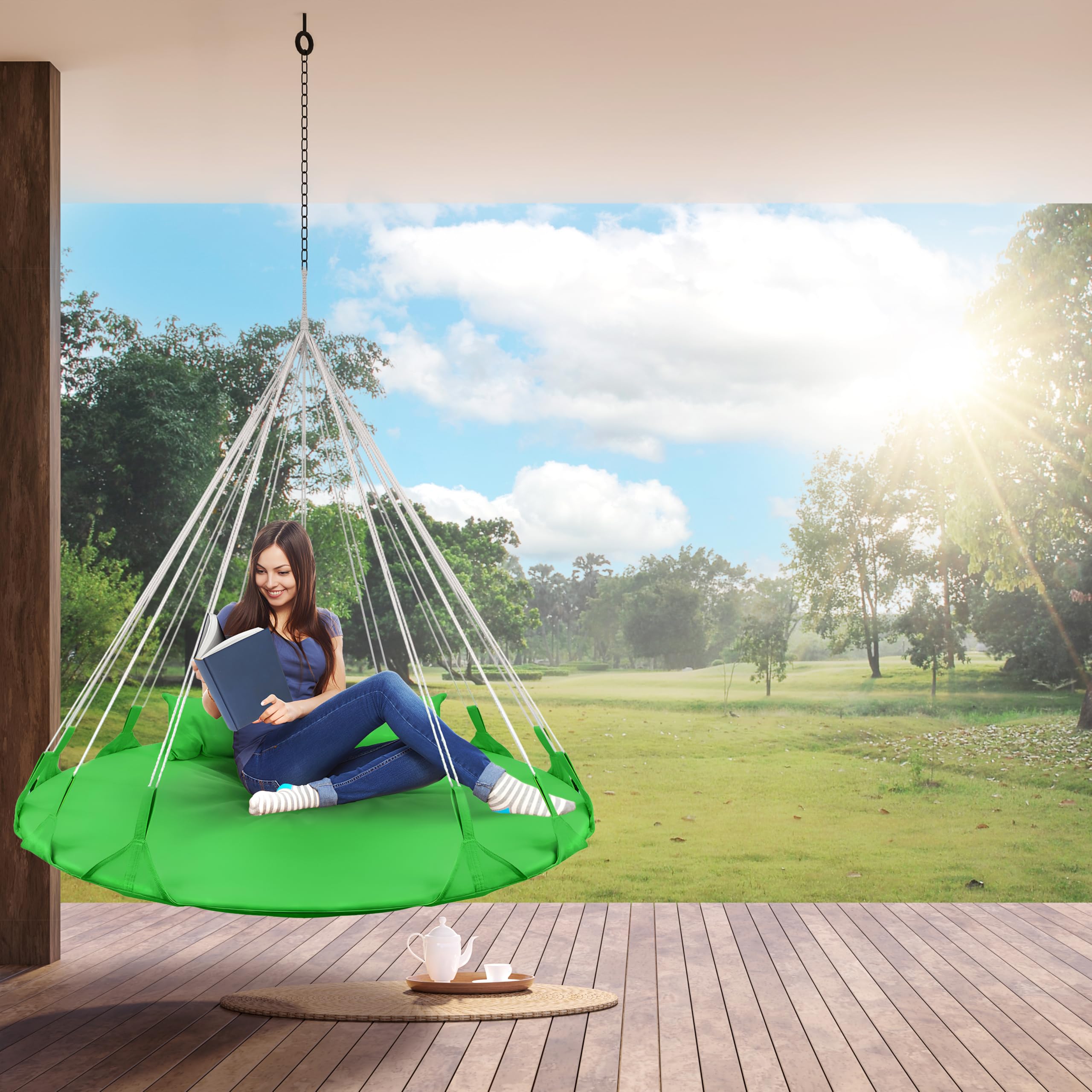 Sorbus 56" Stylish Hanging Swing Nest - Premium Cotton Double Hammock Daybed Saucer Swings Lounger - 264lbs Spinner Swing w/Pillow - Easy Setup Sturdy Tree Swing - for Indoor/Outdoor, Travel - Green - Image 6