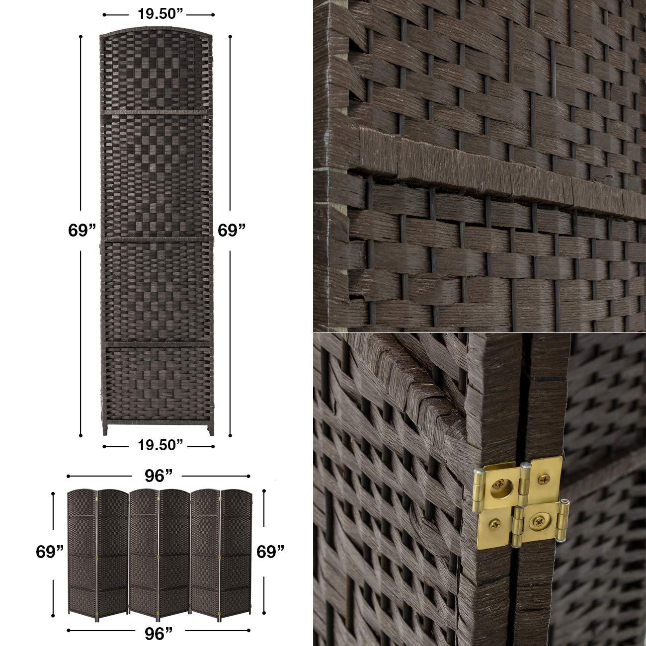 Sorbus 6 Panel Room Divider 6 ft. Tall - Privacy Screen, Extra Wide Double Hinged Panels, Diamond Double-Weaved, Partition Room Dividers and Folding Privacy Screens, Wall Divider for Room Separation - Image 5
