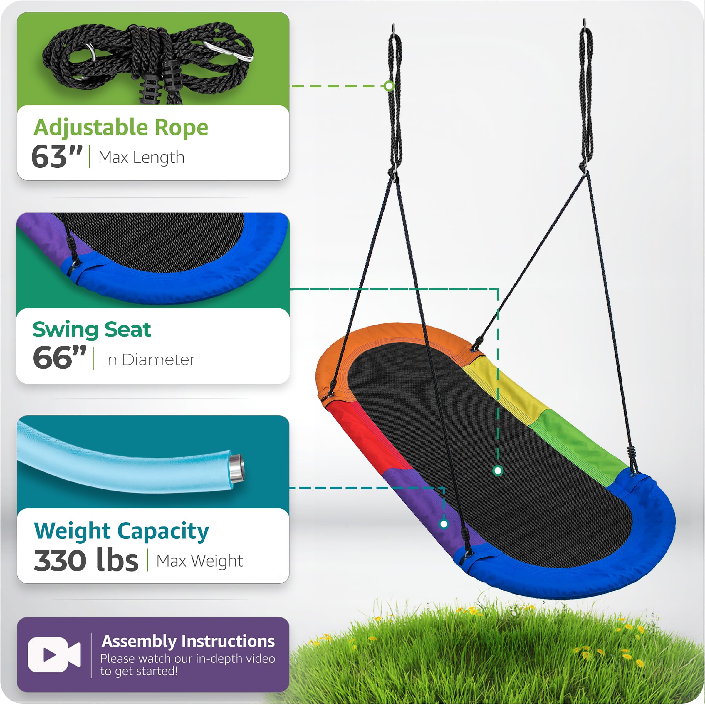 Sorbus 66" Saucer Swing for Kids - 700lbs Big Oval Platform - Tree Glider Therapy for Kids - Adjustable Ropes & Durable Seat - Trampoline Net for Indoor/Outdoor, Accessory Included - Image 3