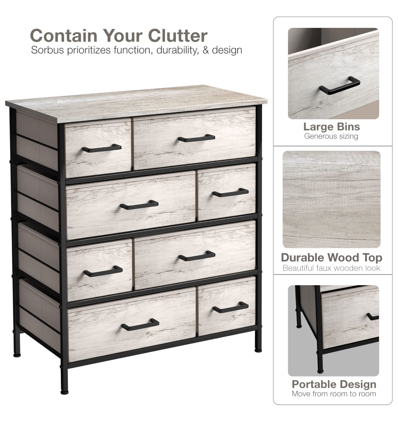 Sorbus 8 Drawer Fabric Dresser for Bedroom - Steel Frame, Wood Top, & Faux Wood Fabric - Tall Storage Chest for Clothes - Portable Stand Up Wardrobe - Image 4
