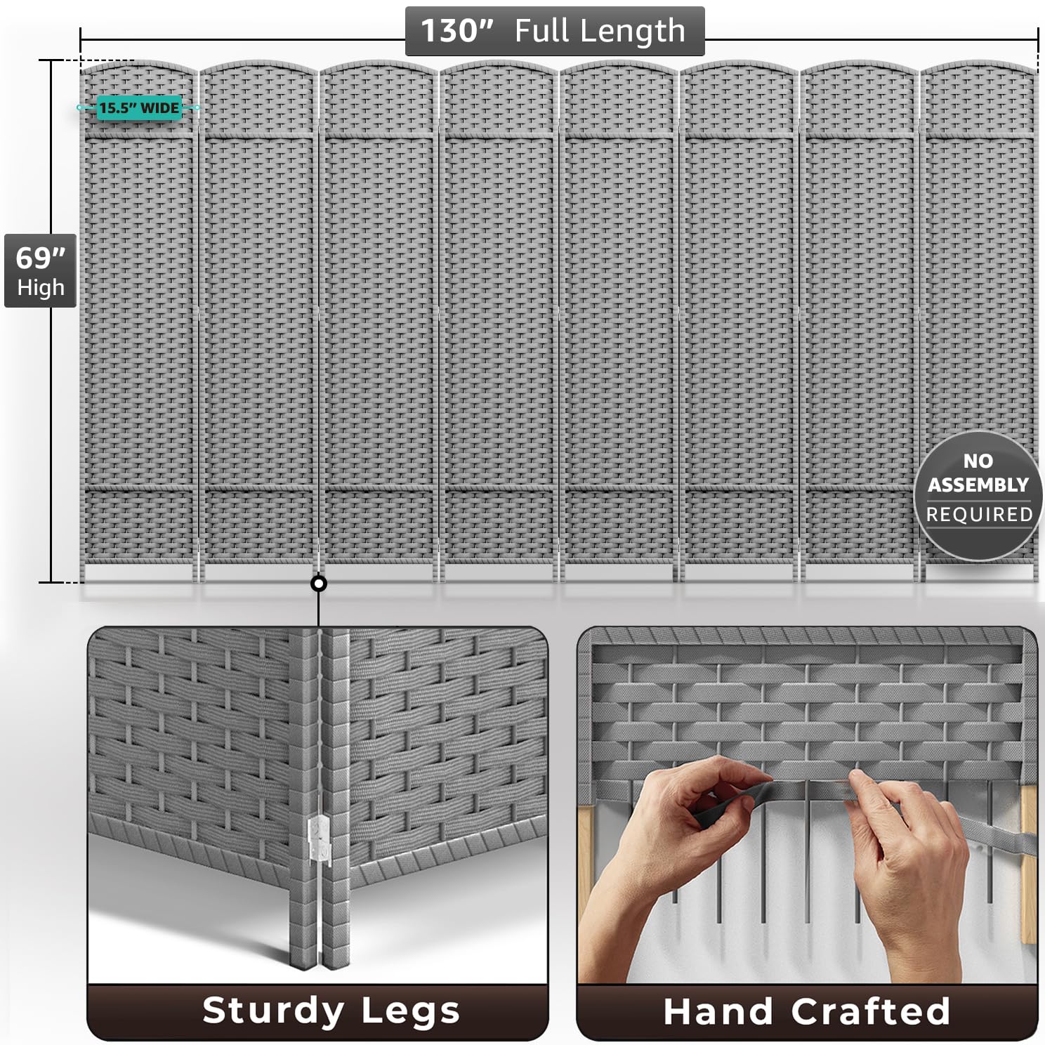 Sorbus 8 Panel Room Divider 6 ft. Tall - Privacy Screen, Extra Wide Double Hinged Panels, Mesh Hand-Woven Design, Partition Room Dividers and Folding Privacy Screens, Wall Divider for Room Separation - Image 5
