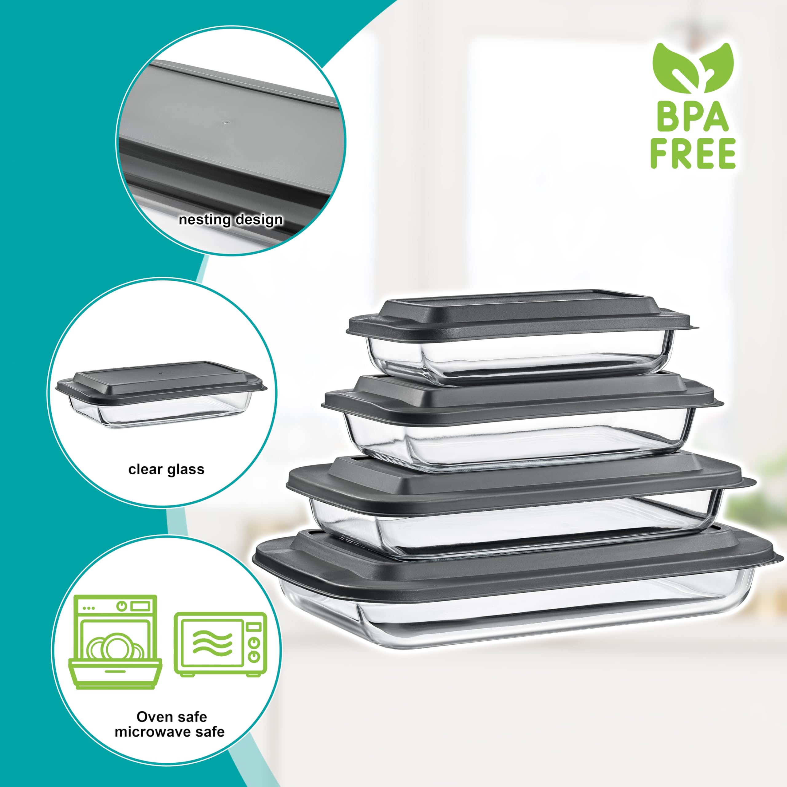 Sorbus 8-Piece Glass Baking Dish Set with Lids – BPA-Free, Airtight, and Safe for Dishwasher, Oven, and Freezer – Includes 4 Sizes for Meal Prep, Portion Control, Lasagna, and Healthy Eating - Image 2