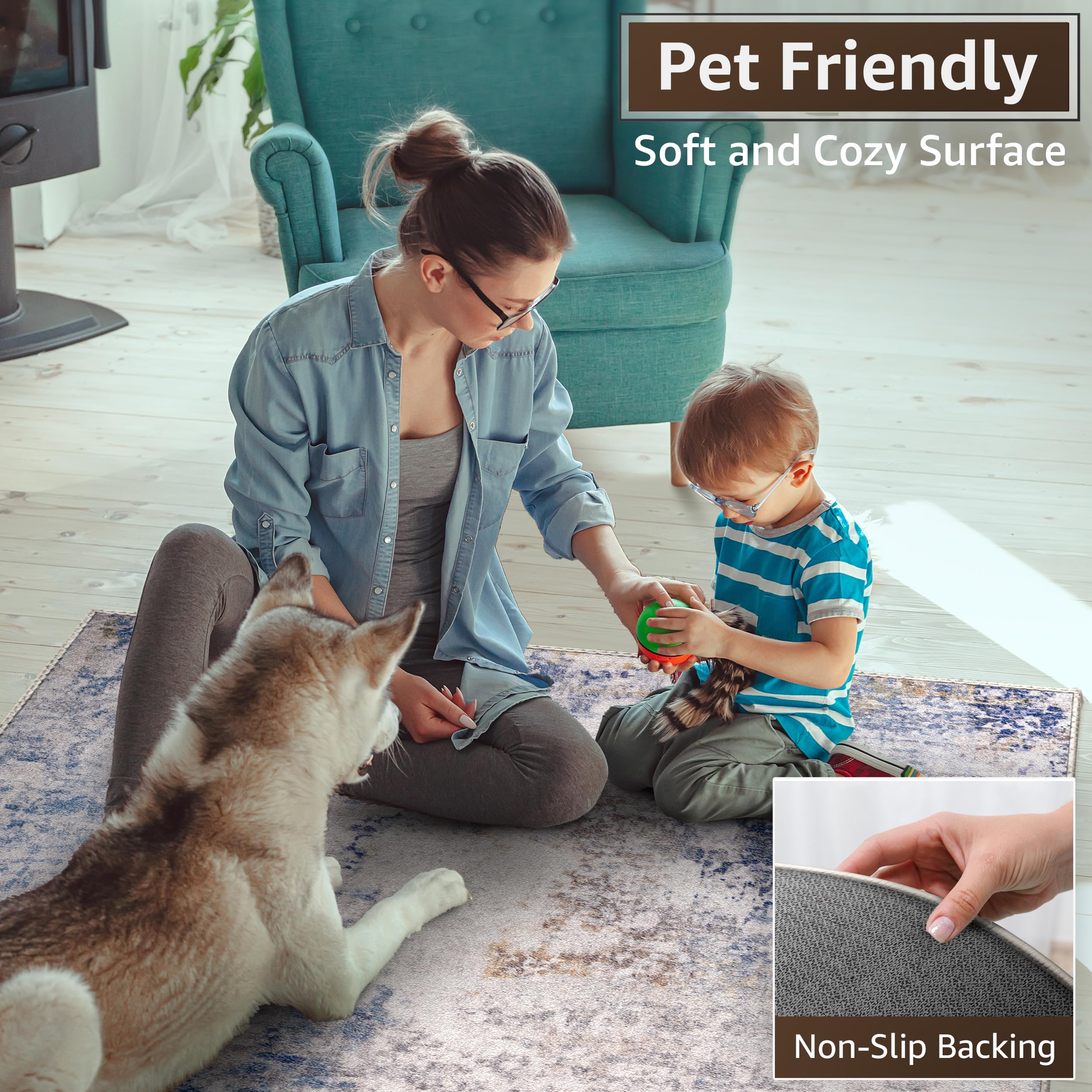 Sorbus 8x10 Area Rug, Machine Washable, Non-Slip, Vintage Rug - Low Pile Non-Shedding Indoor Area Rugs for Living Room, Kitchen, Bedroom Dining Room - Soft Indoor Carpet Throw Rugs with Rubber Backing - Image 6