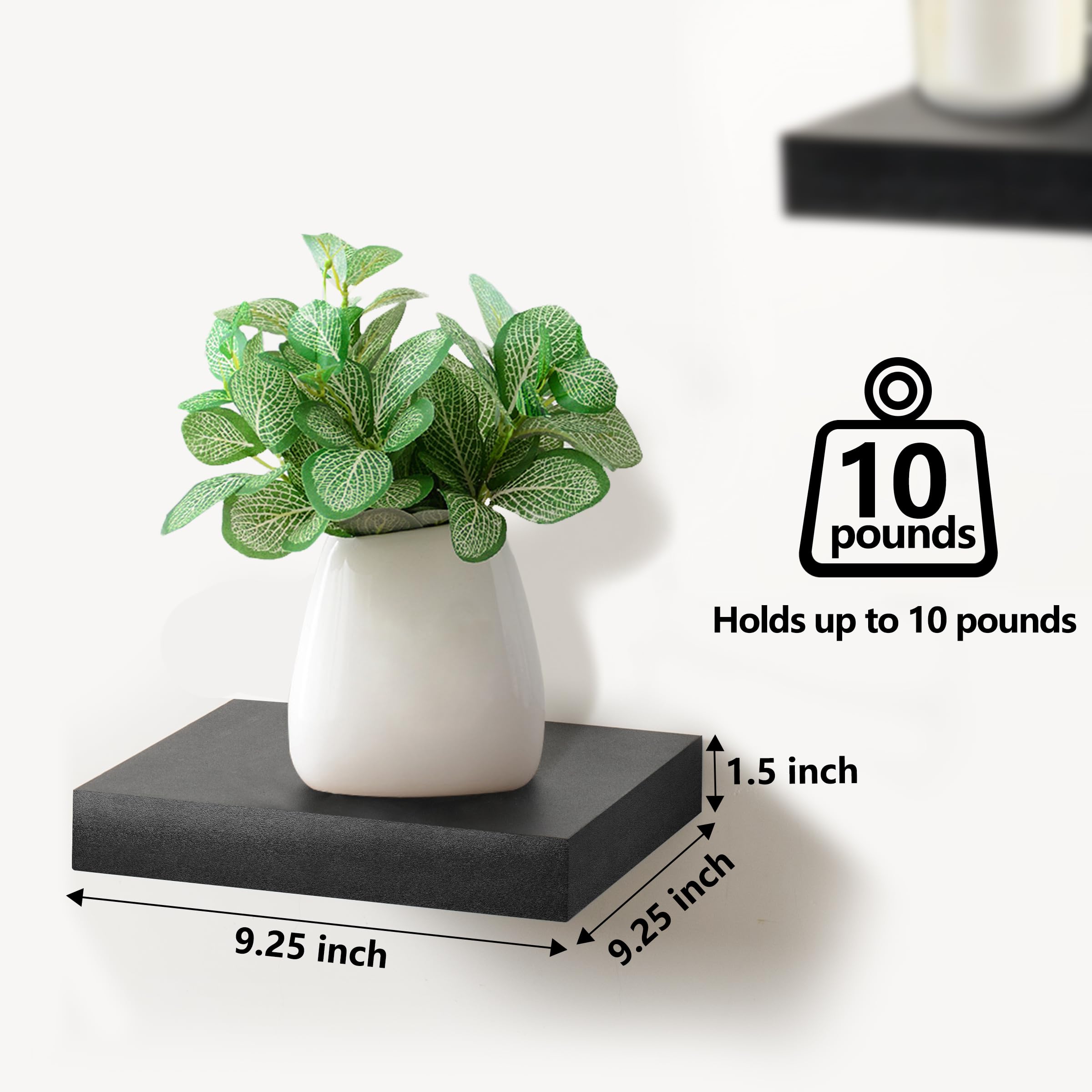 Sorbus 9X9 Inch Floating Shelves for Wall – Square Floating Shelf with Invisible Mounting Bracket for Kitchen, Bedroom, Living Room & Bathroom Decor – Rustic Showcase Wall Shelf (Black, 3 Pack) - Image 3