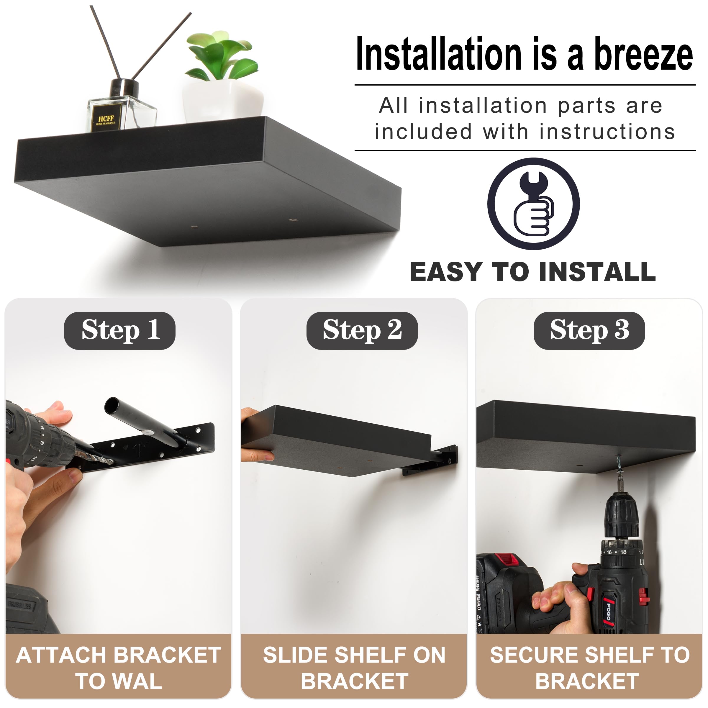 Sorbus 9X9 Inch Floating Shelves for Wall – Square Floating Shelf with Invisible Mounting Bracket for Kitchen, Bedroom, Living Room & Bathroom Decor – Rustic Showcase Wall Shelf (Black, 3 Pack) - Image 4