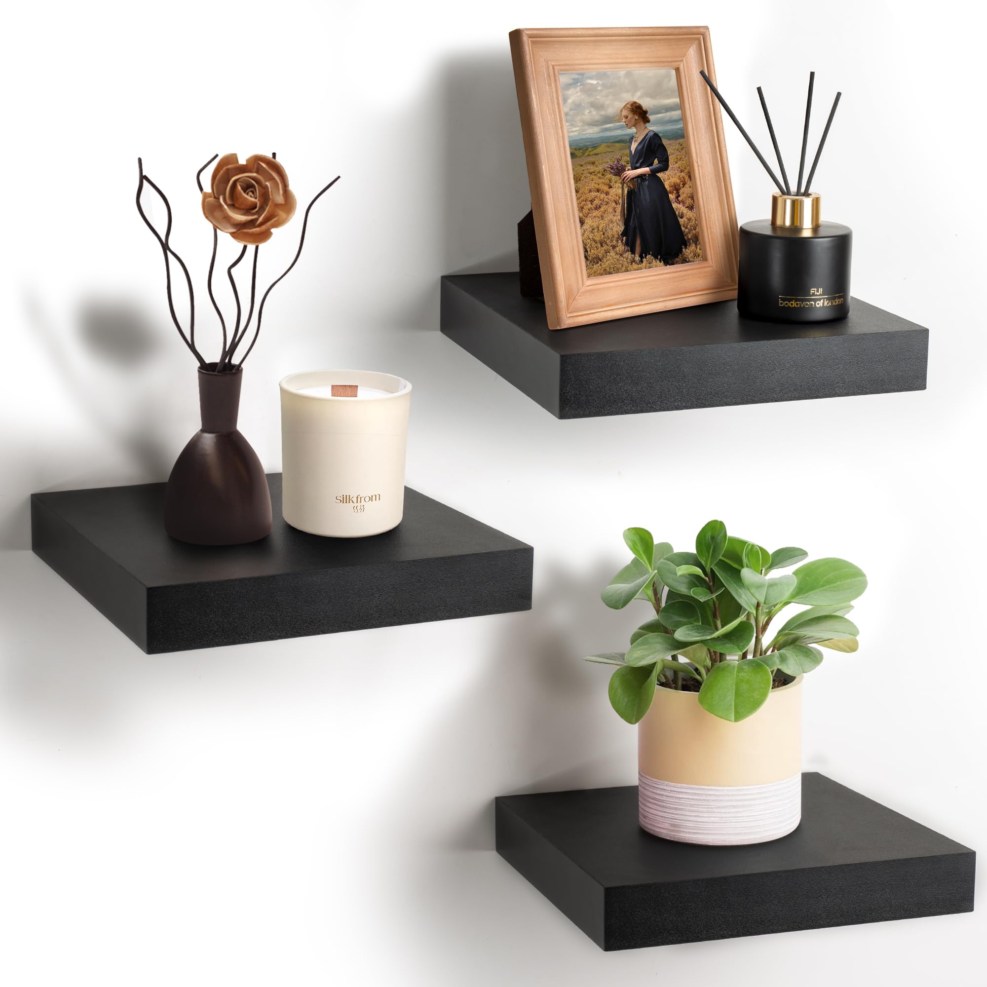 Sorbus 9X9 Inch Floating Shelves for Wall – Square Floating Shelf with Invisible Mounting Bracket for Kitchen, Bedroom, Living Room & Bathroom Decor – Rustic Showcase Wall Shelf (Black, 3 Pack) - Image 8
