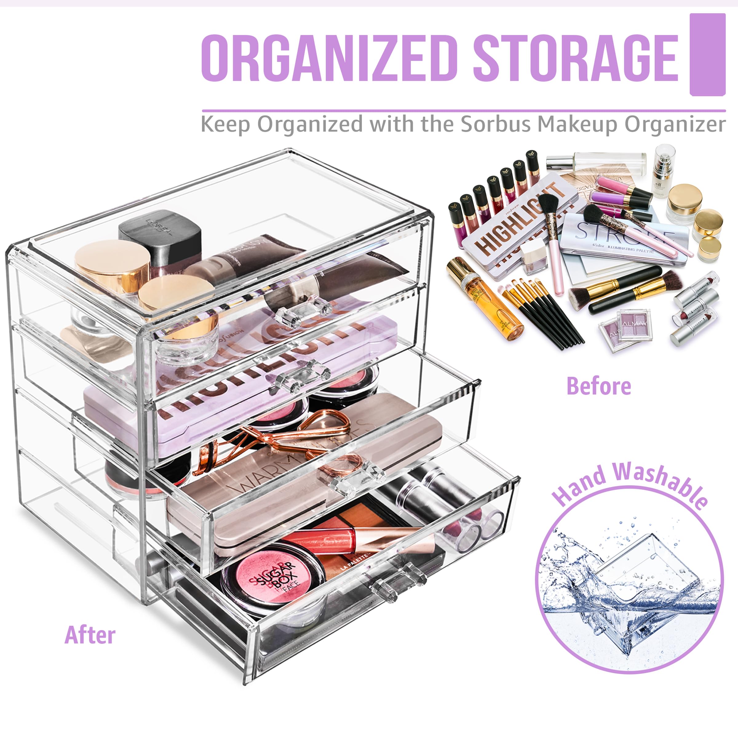 Sorbus Acrylic Makeup Organizer Set, 4-Drawer Vanity & Countertop Cosmetic Storage with Wide Drawers, Clear Makeup Storage for Brushes, Lipsticks, Jewelry – Holiday Gift for Women & Teens - Image 5
