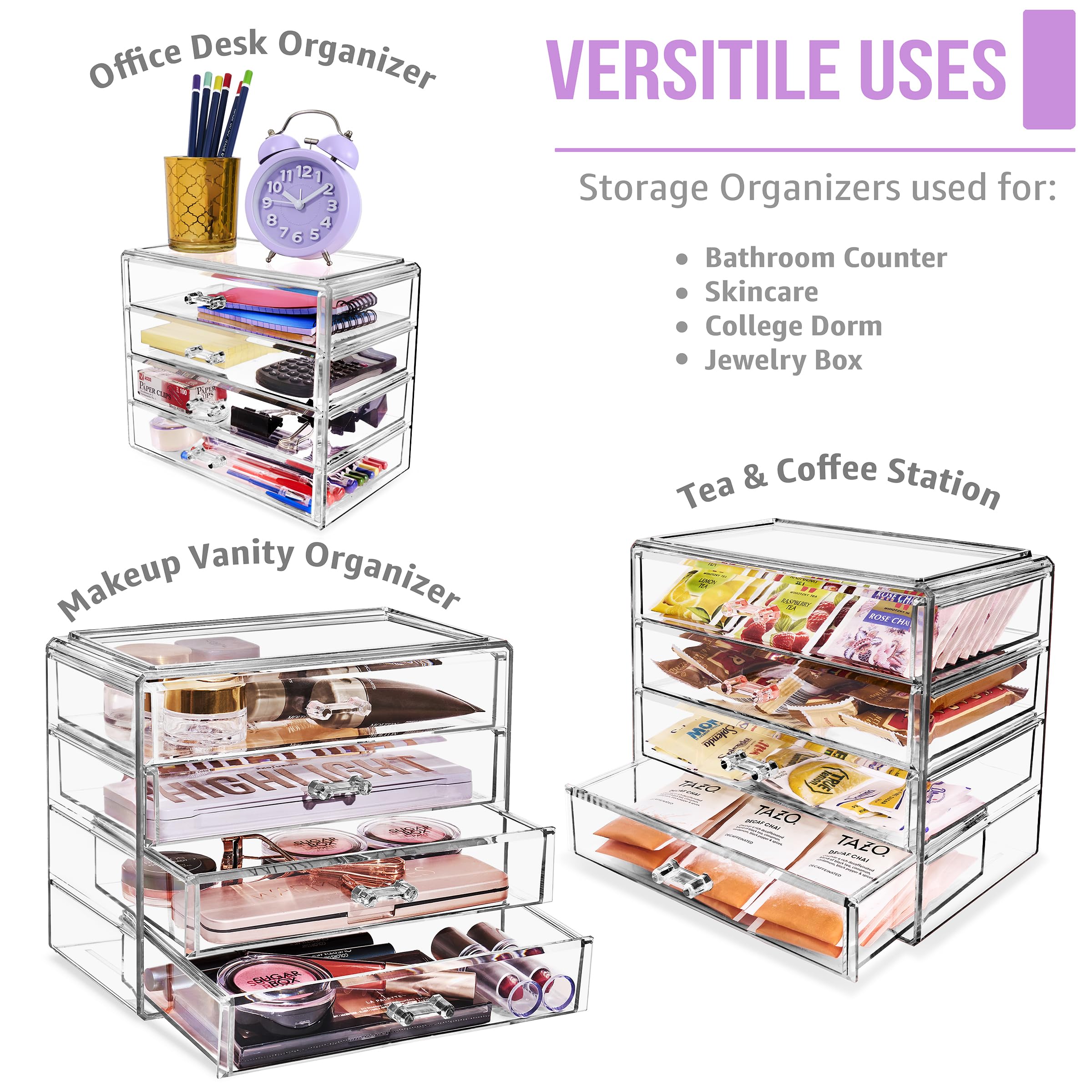 Sorbus Acrylic Makeup Organizer Set, 4-Drawer Vanity & Countertop Cosmetic Storage with Wide Drawers, Clear Makeup Storage for Brushes, Lipsticks, Jewelry – Holiday Gift for Women & Teens - Image 6