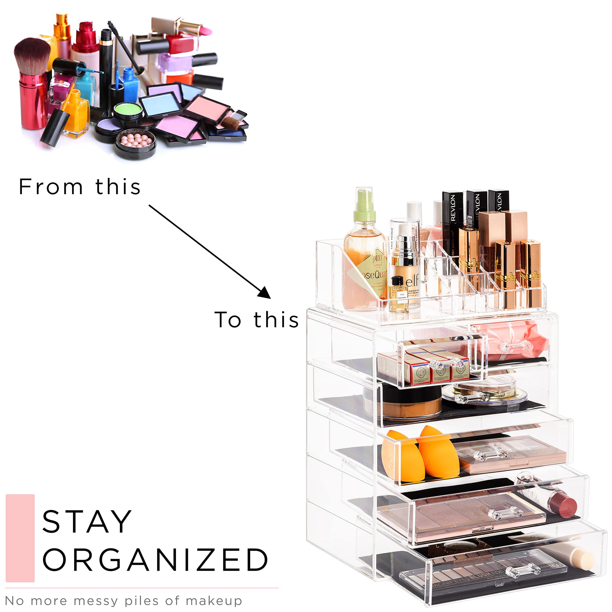 Sorbus Acrylic Makeup Organizer Set, 6-Drawer Vanity & Countertop Cosmetic Storage with Small & Wide Compartments, Clear Makeup Storage for Brushes, Jewelry – Holiday Gift for Women & Teens - Image 7