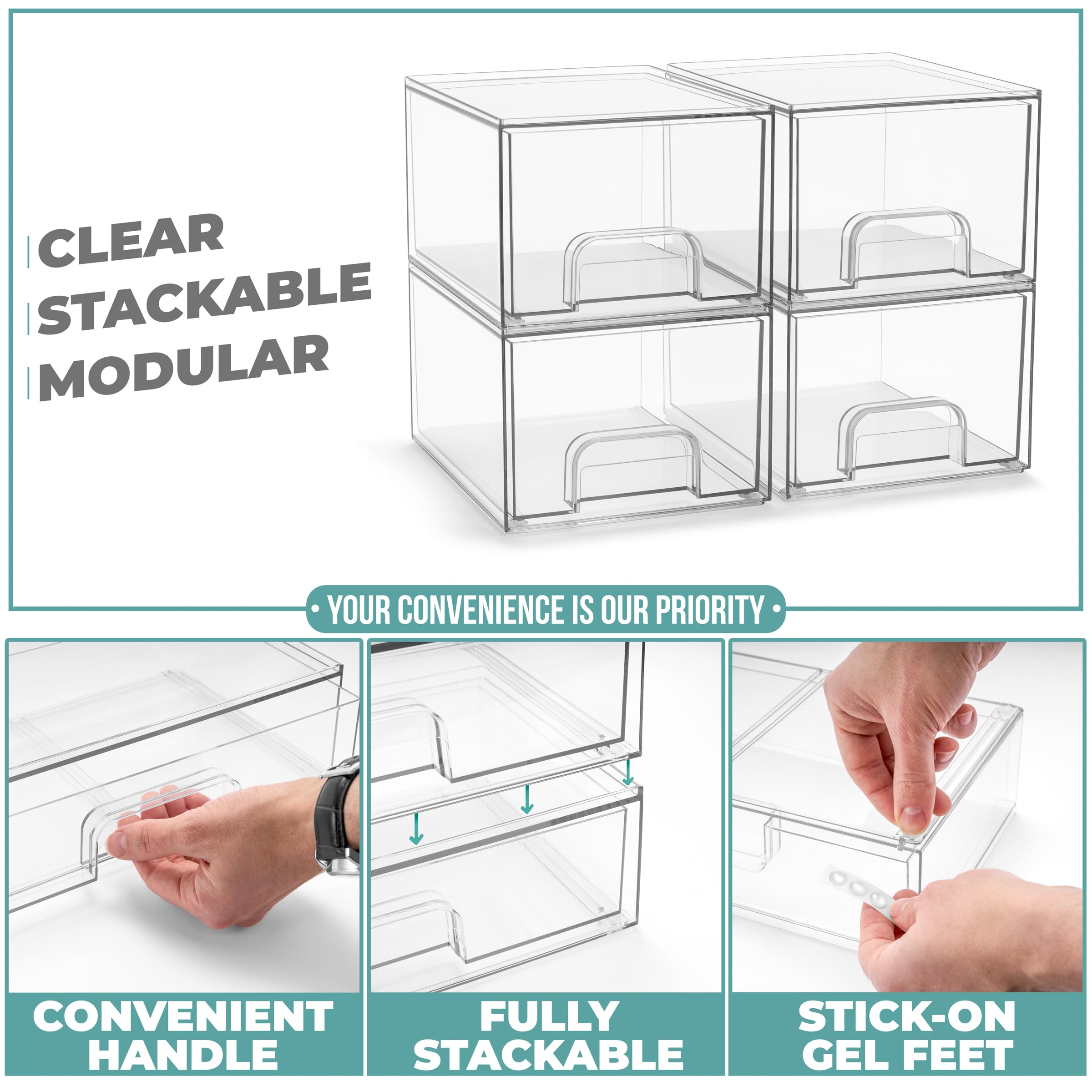 Sorbus Acrylic Storage Containers - 4 Pack, Stackable Storage Bins Set for Bathroom Organization - Clear Acrylic Drawer Organizers - Makeup Case Pull-Out Drawers (4.4’’ Tall) - Image 5