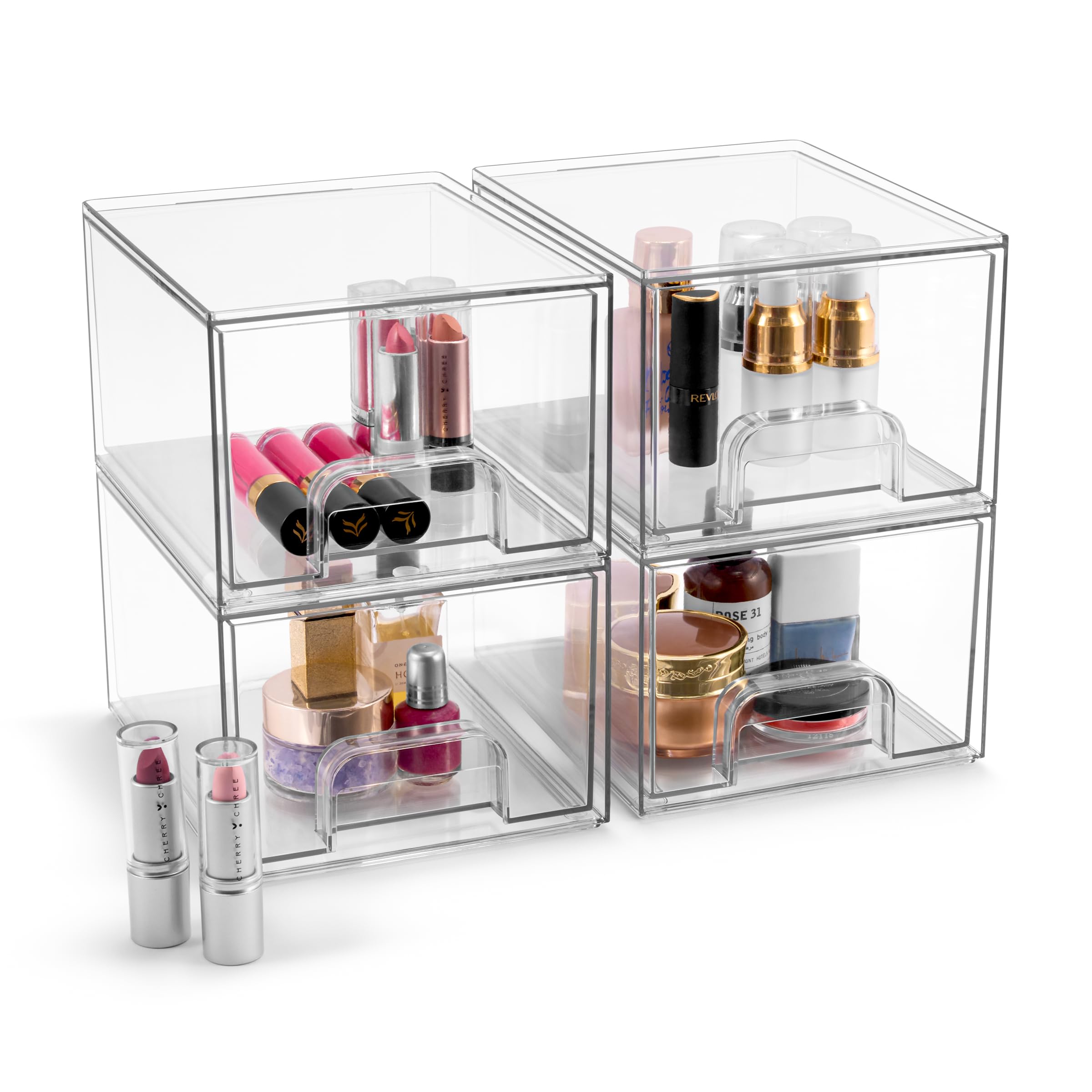 Sorbus Acrylic Storage Containers - 4 Pack, Stackable Storage Bins Set for Bathroom Organization - Clear Acrylic Drawer Organizers - Makeup Case Pull-Out Drawers (4.4’’ Tall) - Image 8
