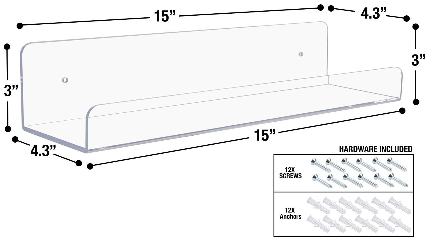 Sorbus Acrylic Wall Ledge Floating Shelf Rack Organizer, Invisible Display Style, for Books, Figurine, Picture Frame Storage, Wall Mounted Shelves for Home, Bathroom, Nail Salon, Spa (15 x 4.3 x 3'') - Image 3