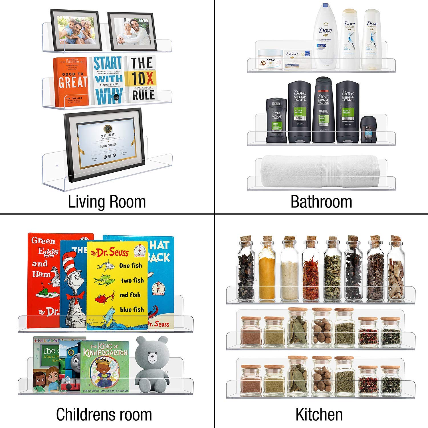 Sorbus Acrylic Wall Ledge Floating Shelf Rack Organizer, Invisible Display Style, for Books, Figurine, Picture Frame Storage, Wall Mounted Shelves for Home, Bathroom, Nail Salon, Spa (15 x 4.3 x 3'') - Image 4