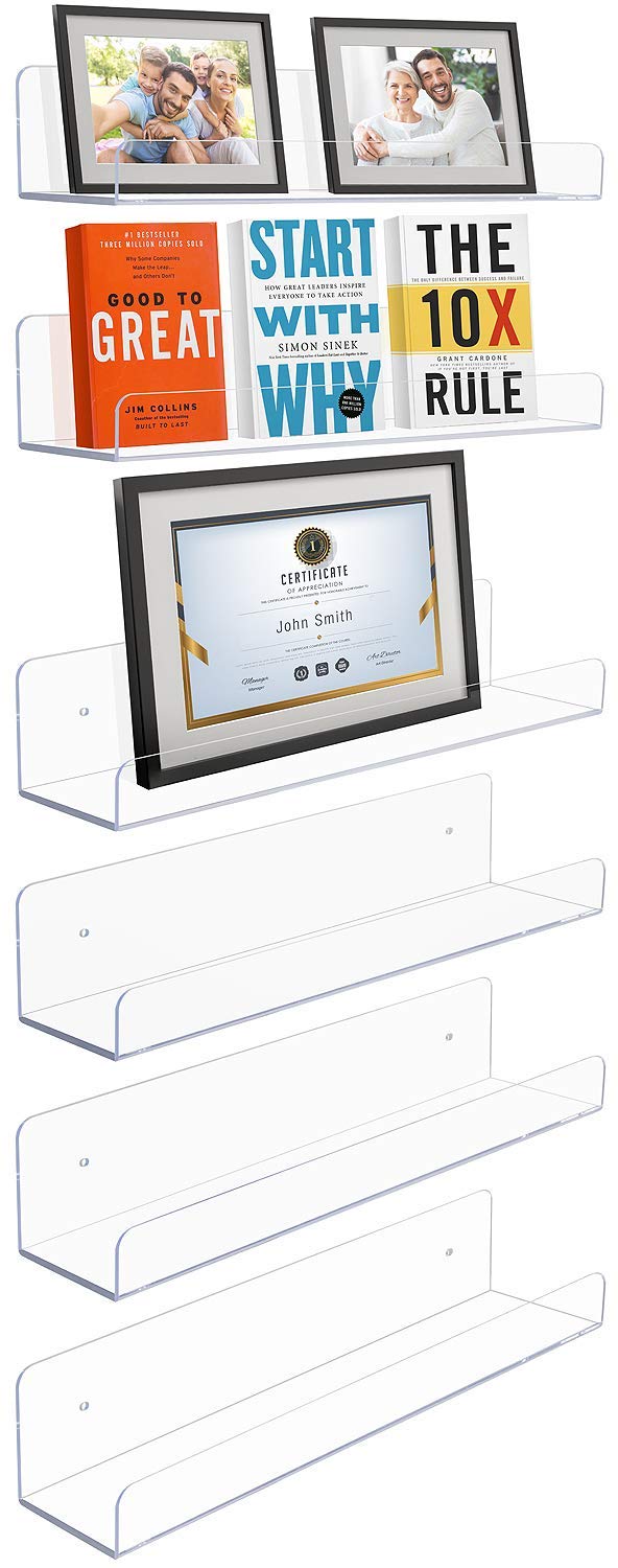 Sorbus Acrylic Wall Ledge Floating Shelf Rack Organizer, Invisible Display Style, for Books, Figurine, Picture Frame Storage, Wall Mounted Shelves for Home, Bathroom, Nail Salon, Spa (15 x 4.3 x 3'') - Image 5